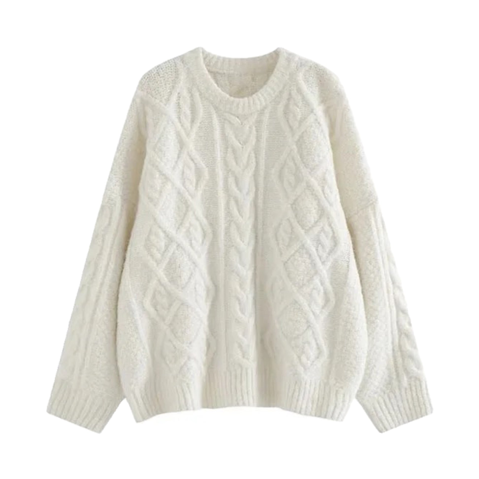 White cable knit oversized long sleeve crewneck pullover sweater for women and teens, soft cozy chunky knit with round neckline and baggy fit, elegant warm knitwear for fall autumn winter 2025, feminine chic fashion inspired by Zara and Aritzia dupe sweaters, perfect for clean girl and old money preppy style, ships globally and worldwide to US, UK, Canada, Europe, Australia, and Asia.
