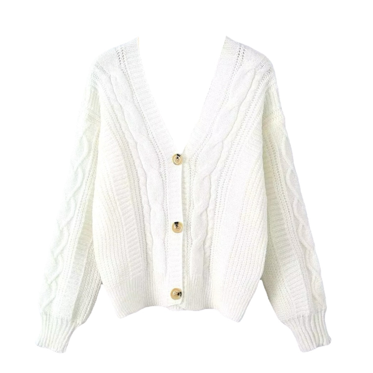 White cable knit V-neck long sleeve cardigan sweater for women and teens, cream off-white chunky knit soft fuzzy cozy warm thick oversized button-down knitwear with tortoiseshell buttons, elegant chic trendy jumper for fall autumn winter 2025, Zara and Aritzia dupe cardigan, fashionable seasonal knitwear ships globally worldwide to US, UK, Canada, Europe, Australia and Asia.