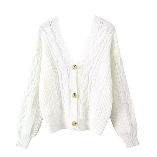 White cable knit V-neck long sleeve cardigan sweater for women and teens, cream off-white chunky knit soft fuzzy cozy warm thick oversized button-down knitwear with tortoiseshell buttons, elegant chic trendy jumper for fall autumn winter 2025, Zara and Aritzia dupe cardigan, fashionable seasonal knitwear ships globally worldwide to US, UK, Canada, Europe, Australia and Asia.
