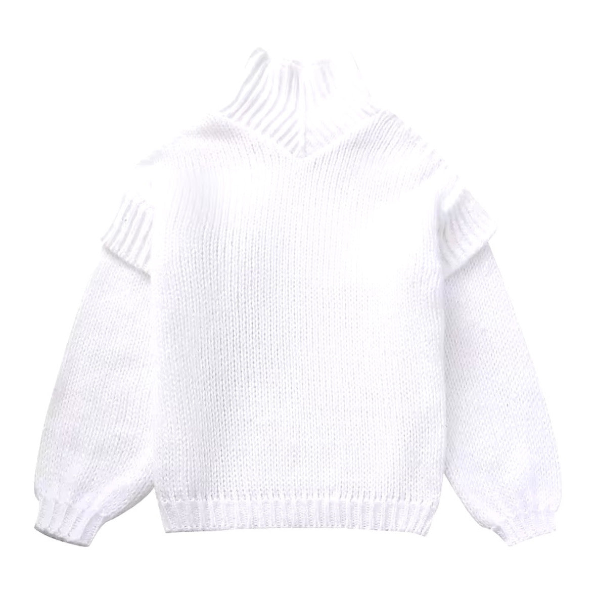 White Chunky Knit Oversized Balloon Sleeve Turtleneck Pullover Sweater for women and teens. Thick, soft, cozy, and warm ribbed knitwear with high neck, cuffed sleeves, and relaxed oversized fit. Elegant and trendy knit jumper perfect for fall, winter, and holiday outfits. Stylish Scandinavian, clean girl, and old money aesthetic sweater. Ships globally and worldwide to the US, UK, Australia, New Zealand, Canada, Europe, Asia, and more.