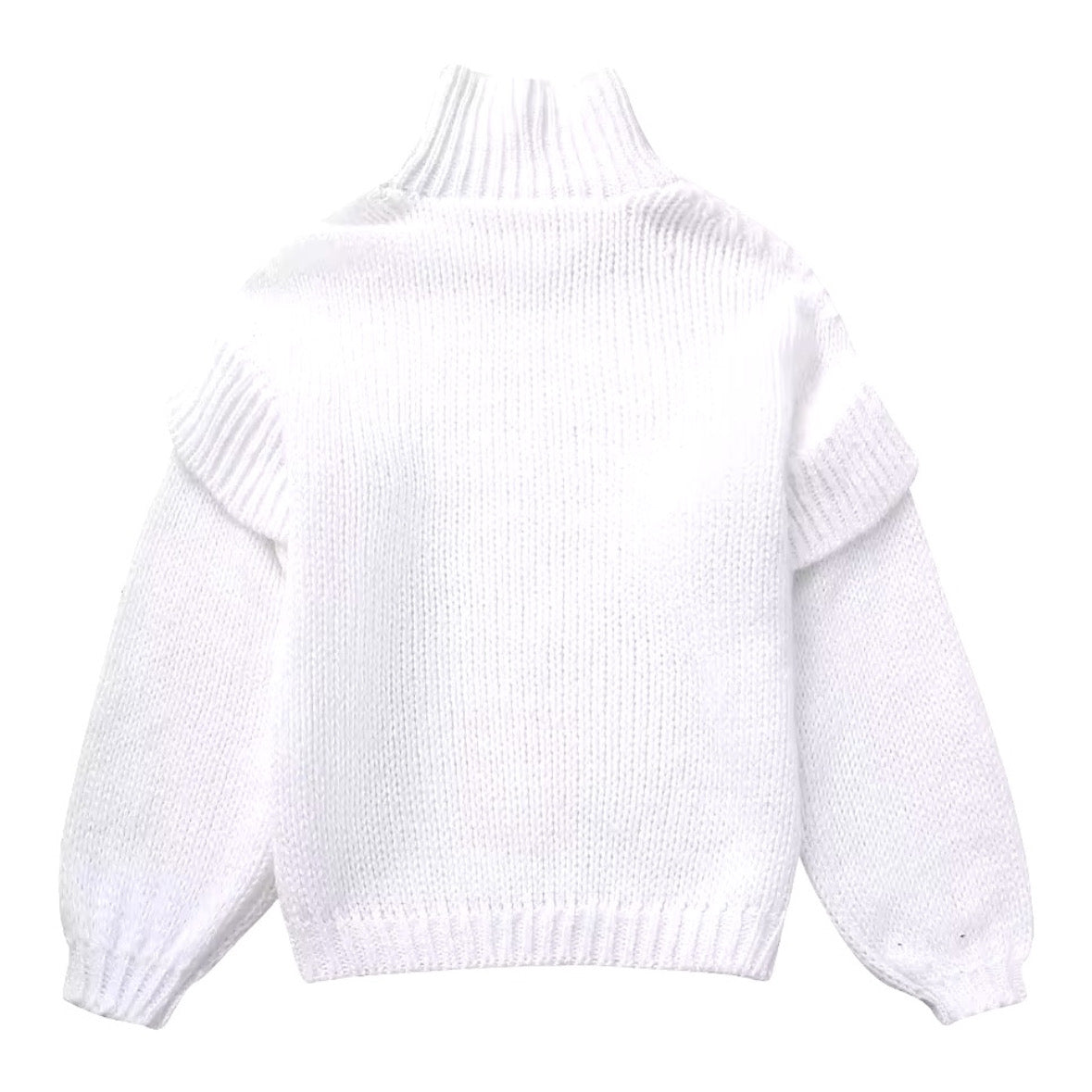 White Chunky Knit Oversized Balloon Sleeve Turtleneck Pullover Sweater for women and teens. Thick, soft, cozy, and warm ribbed knitwear with high neck, cuffed sleeves, and relaxed oversized fit. Elegant and trendy knit jumper perfect for fall, winter, and holiday outfits. Stylish Scandinavian, clean girl, and old money aesthetic sweater. Ships globally and worldwide to the US, UK, Australia, New Zealand, Canada, Europe, Asia, and more.