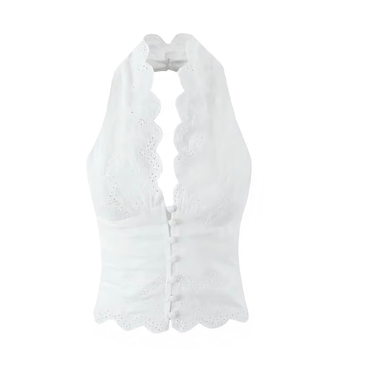 White embroidery lace trim hollow-out halter tank top with slim fit corset bustier silhouette. Eyelet floral embroidered scalloped lace v neck sleeveless backless camisole blouse with button-down detail. Women’s and teens’ crop top for summer and fall 2025 fashion. Elegant coquette chic Y2K trendy feminine design for holiday, vacation, casual everyday, sorority rush, evening, party, night out, going out, sexy club wear, beach, boho chic, bohemian, euro summer, Mediterranean Greek coastal style.