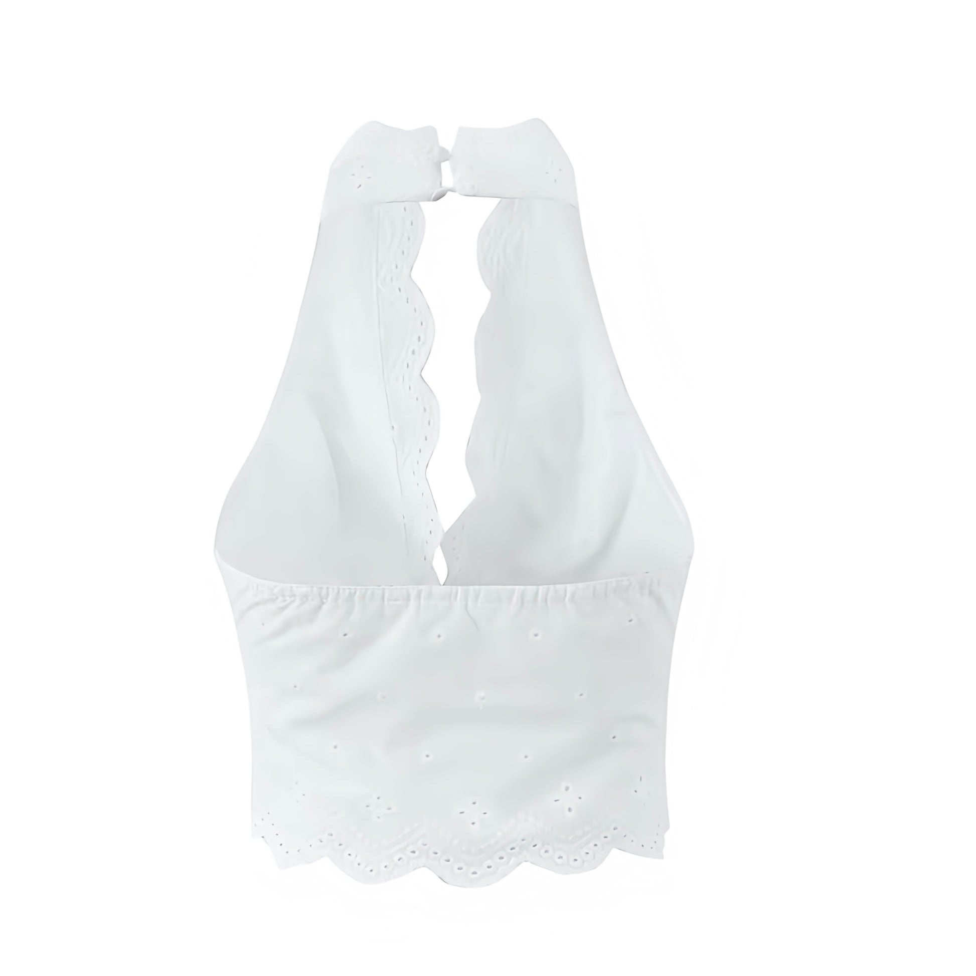 White embroidery lace trim hollow-out halter tank top with slim fit corset bustier silhouette. Eyelet floral embroidered scalloped lace v neck sleeveless backless camisole blouse with button-down detail. Women’s and teens’ crop top for summer and fall 2025 fashion. Elegant coquette chic Y2K trendy feminine design for holiday, vacation, casual everyday, sorority rush, evening, party, night out, going out, sexy club wear, beach, boho chic, bohemian, euro summer, Mediterranean Greek coastal style.