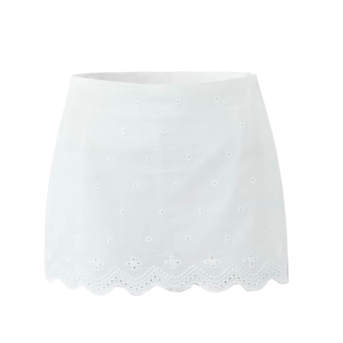 White embroidery lace trim slim fit high rise mini skirt with bodycon pencil silhouette. Floral eyelet embroidered scalloped lace detailing in feminine elegant style. Short skirt for women and teens in summer and fall 2025 fashion. Chic coquette Y2K trendy milkmaid vintage retro western everyday casual wear. Perfect for holiday, vacation, school, sorority rush, evening, party, night out, going out, sexy club wear, beach, boho chic, bohemian, euro summer, Stockholm style, Mediterranean Greece coastal style.