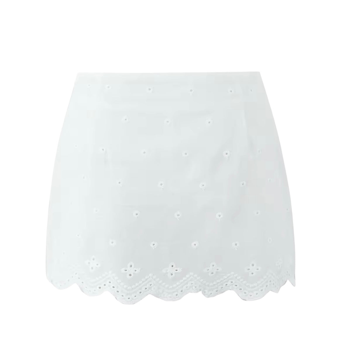 White embroidery lace trim slim fit high rise mini skirt with bodycon pencil silhouette. Floral eyelet embroidered scalloped lace detailing in feminine elegant style. Short skirt for women and teens in summer and fall 2025 fashion. Chic coquette Y2K trendy milkmaid vintage retro western everyday casual wear. Perfect for holiday, vacation, school, sorority rush, evening, party, night out, going out, sexy club wear, beach, boho chic, bohemian, euro summer, Stockholm style, Mediterranean Greece coastal style.