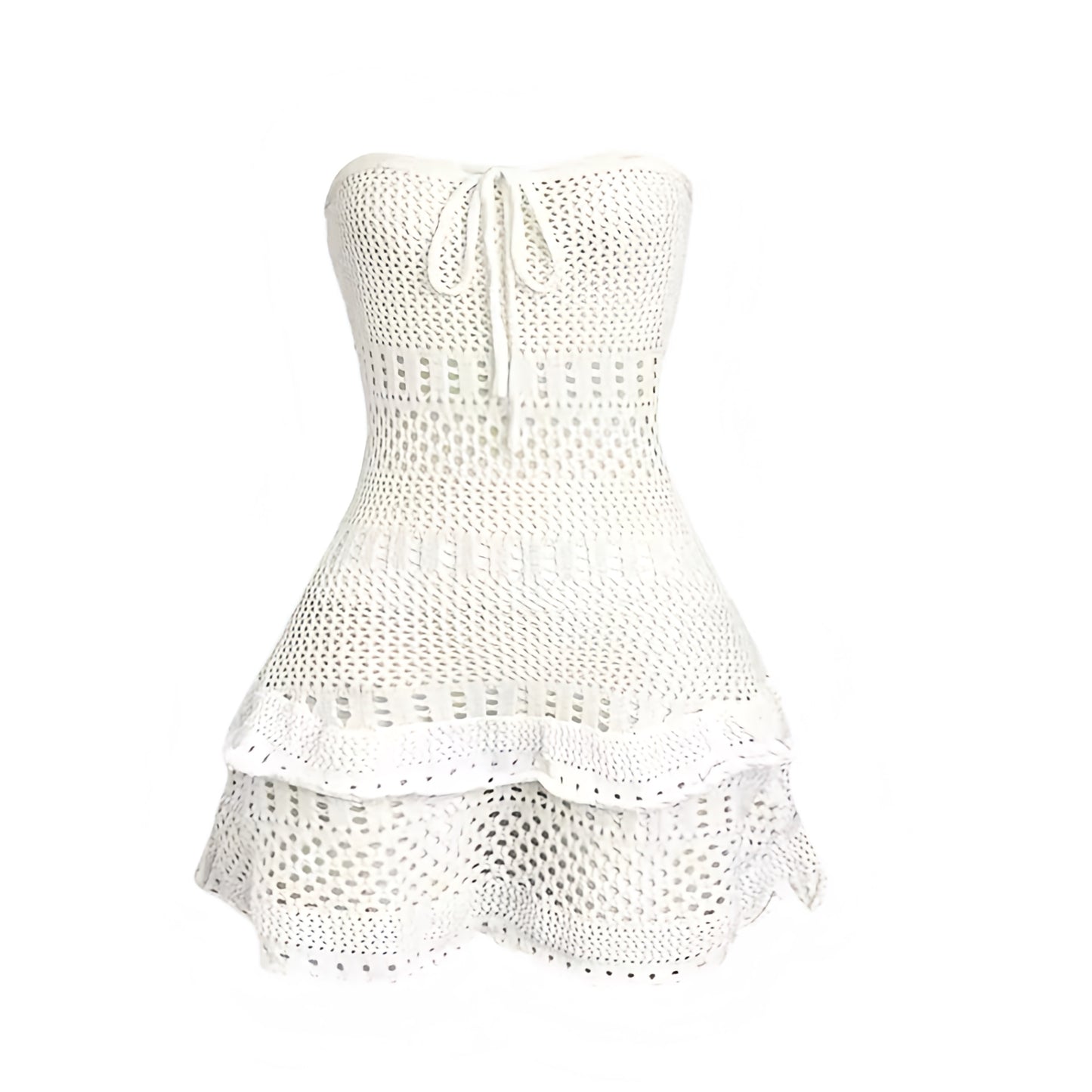 White off white cream white eyelet embroidered broderie crochet knit strapless bodycon mini dress with sweetheart neckline drop waist peplum layered ruffle tiered flared plisse pleated ruffled design. Slim fit bandeau backless sleeveless short sundress for women, teens, and ladies. Chic trendy casual elegant sexy beach dress for vacation, summer vacation, euro summer, Ibiza fashion, rave outfit, festival outfit, boho chic style, bohemian gypsy fashion, coastal granddaughter aesthetic, tropicalcore.