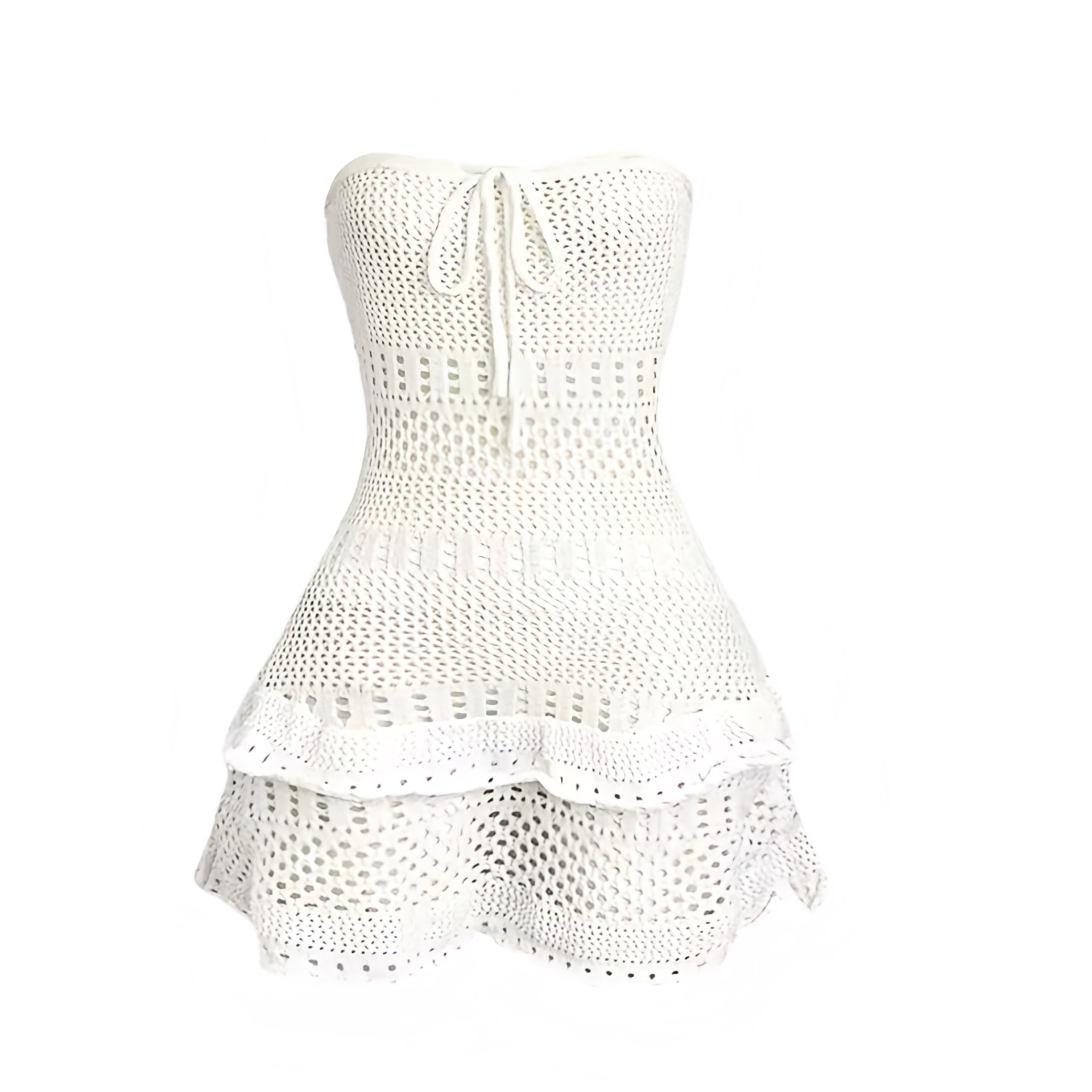 White off white cream white eyelet embroidered broderie crochet knit strapless bodycon mini dress with sweetheart neckline drop waist peplum layered ruffle tiered flared plisse pleated ruffled design. Slim fit bandeau backless sleeveless short sundress for women, teens, and ladies. Chic trendy casual elegant sexy beach dress for vacation, summer vacation, euro summer, Ibiza fashion, rave outfit, festival outfit, boho chic style, bohemian gypsy fashion, coastal granddaughter aesthetic, tropicalcore.