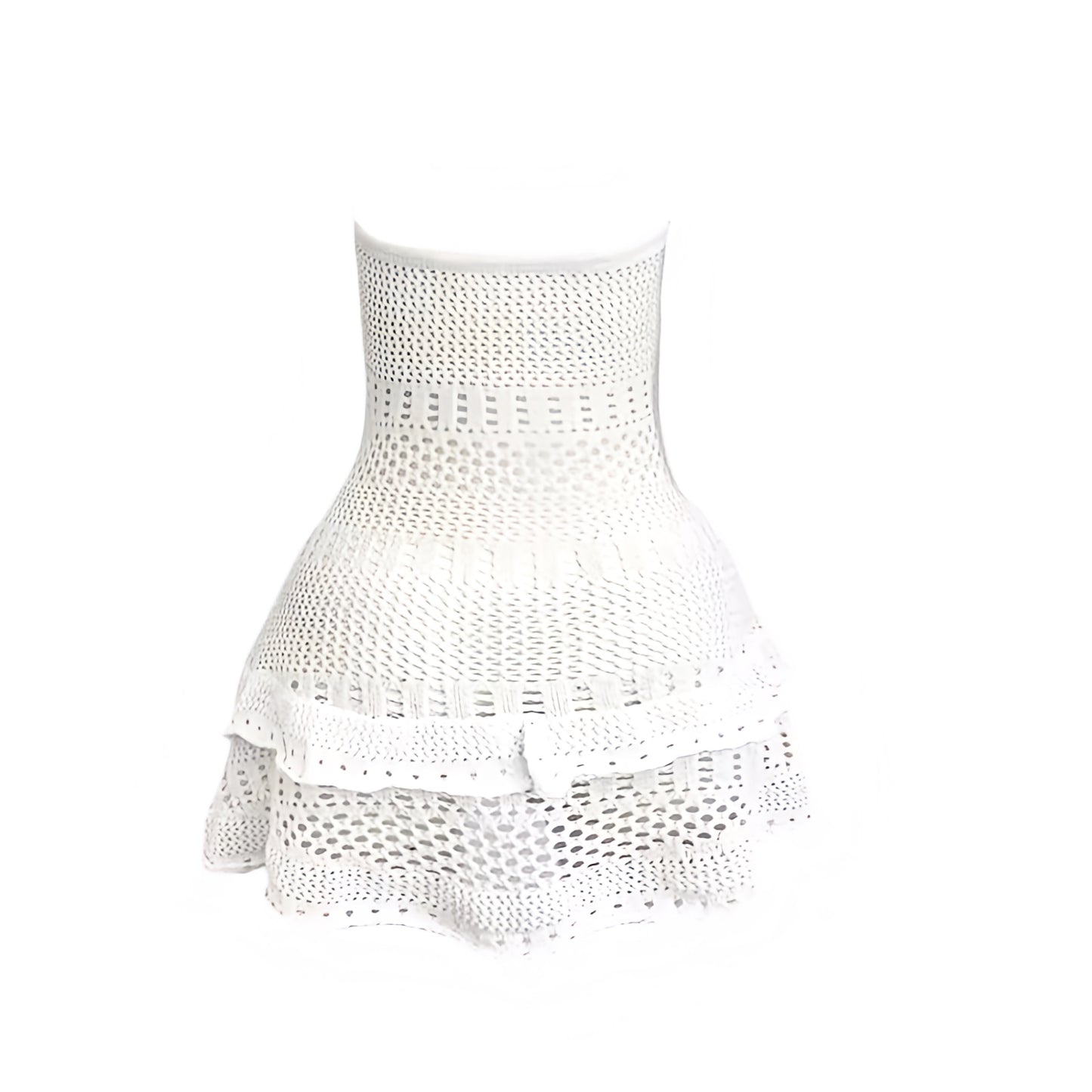 White off white cream white eyelet embroidered broderie crochet knit strapless bodycon mini dress with sweetheart neckline drop waist peplum layered ruffle tiered flared plisse pleated ruffled design. Slim fit bandeau backless sleeveless short sundress for women, teens, and ladies. Chic trendy casual elegant sexy beach dress for vacation, summer vacation, euro summer, Ibiza fashion, rave outfit, festival outfit, boho chic style, bohemian gypsy fashion, coastal granddaughter aesthetic, tropicalcore.