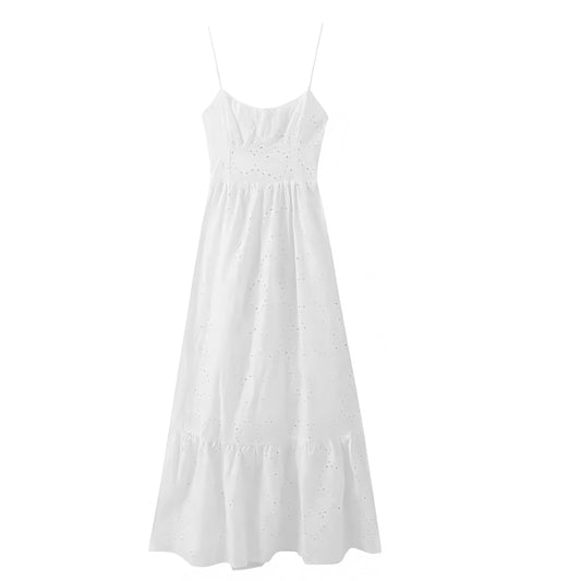 White eyelet embroidered hollow-out drop-waist spaghetti strap maxi dress for women and teens. Slim fit bodycon silhouette with A-line empire waist tiered plissé pleated skirt, sleeveless square neckline, feminine floral patterned embroidery, and backless boho chic design. Perfect linen sundress for summer, vacation, Ibiza style, Euro summer, Greek islands, coastal granddaughter aesthetic, Hamptons style, Nantucket style, brunch, party, prom, graduation, homecoming, or elegant evening wear. Ships worldwide 