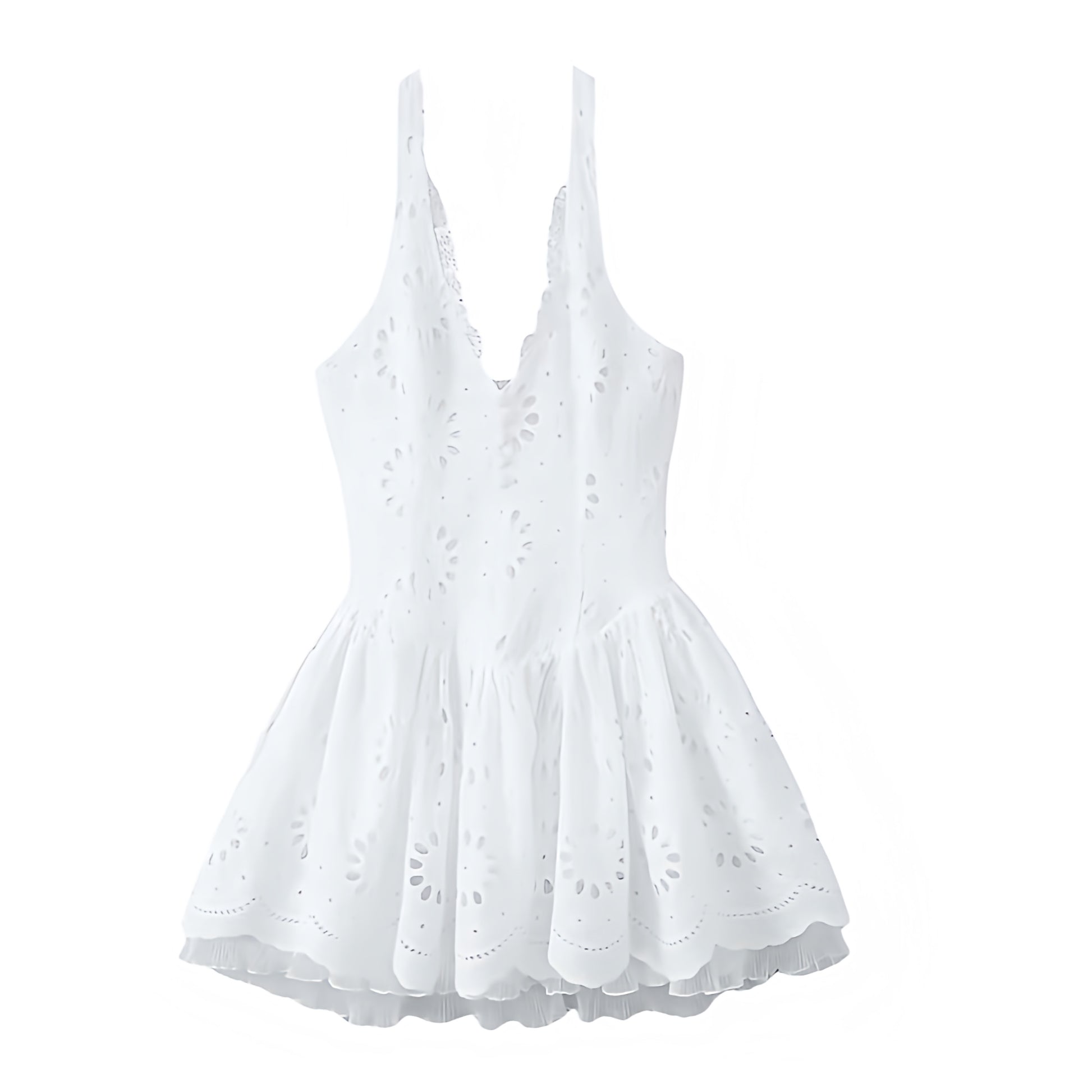 White eyelet embroidered lace trim V-neck drop waist halter mini dress for women and teens. Slim fit corset bustier silhouette with ruffle trim, plissé pleated flared skirt, sleeveless halter neckline, and sexy backless cut. Short embroidered floral patterned sundress, feminine and elegant, perfect for summer holidays, Euro summer, Ibiza boho chic, coastal granddaughter style, preppy Hamptons and Nantucket looks. Ideal for vacation, brunch, graduation, sorority rush, prom, homecoming, formal dances, parties