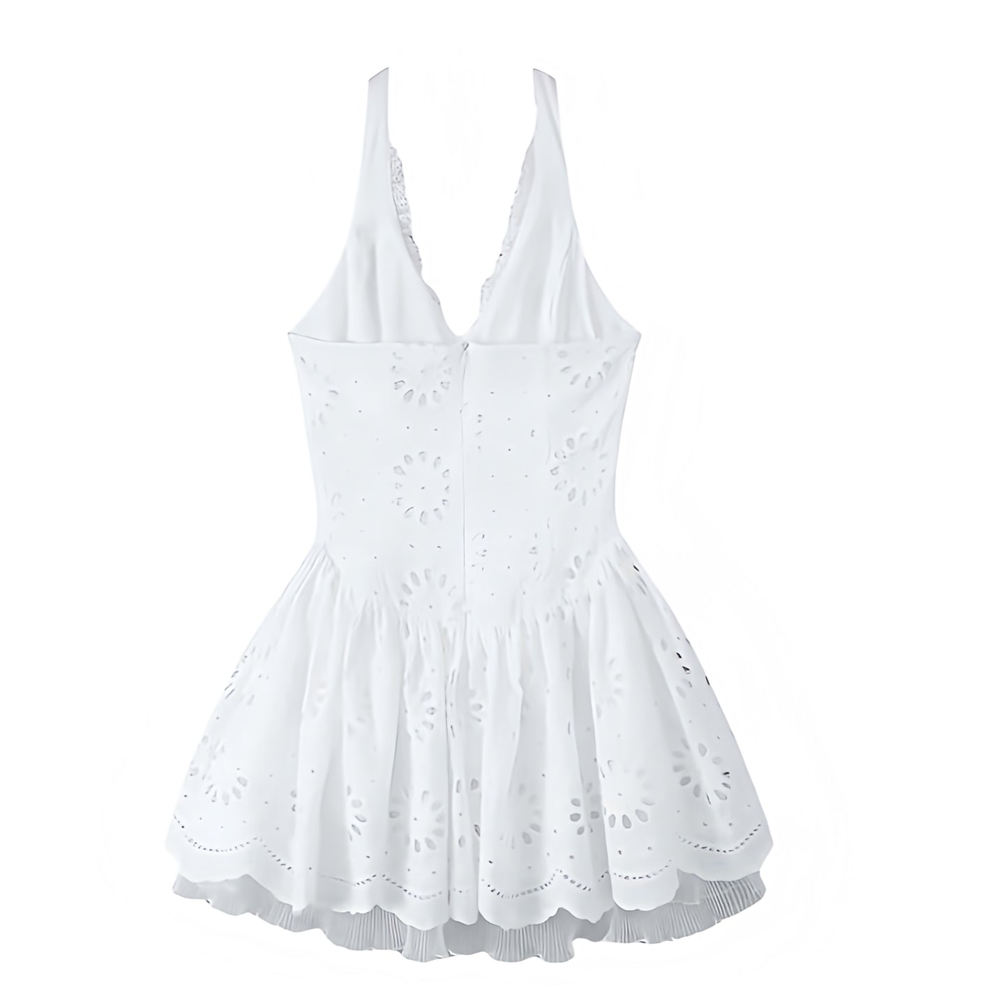 White eyelet embroidered lace trim V-neck drop waist halter mini dress for women and teens. Slim fit corset bustier silhouette with ruffle trim, plissé pleated flared skirt, sleeveless halter neckline, and sexy backless cut. Short embroidered floral patterned sundress, feminine and elegant, perfect for summer holidays, Euro summer, Ibiza boho chic, coastal granddaughter style, preppy Hamptons and Nantucket looks. Ideal for vacation, brunch, graduation, sorority rush, prom, homecoming, formal dances, parties