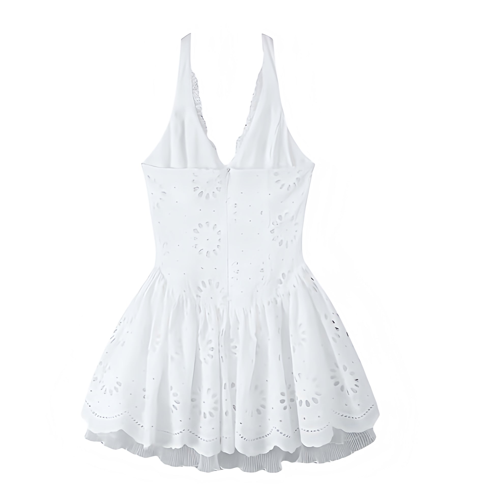 White eyelet embroidered lace trim V-neck drop waist halter mini dress for women and teens. Slim fit corset bustier silhouette with ruffle trim, plissé pleated flared skirt, sleeveless halter neckline, and sexy backless cut. Short embroidered floral patterned sundress, feminine and elegant, perfect for summer holidays, Euro summer, Ibiza boho chic, coastal granddaughter style, preppy Hamptons and Nantucket looks. Ideal for vacation, brunch, graduation, sorority rush, prom, homecoming, formal dances, parties