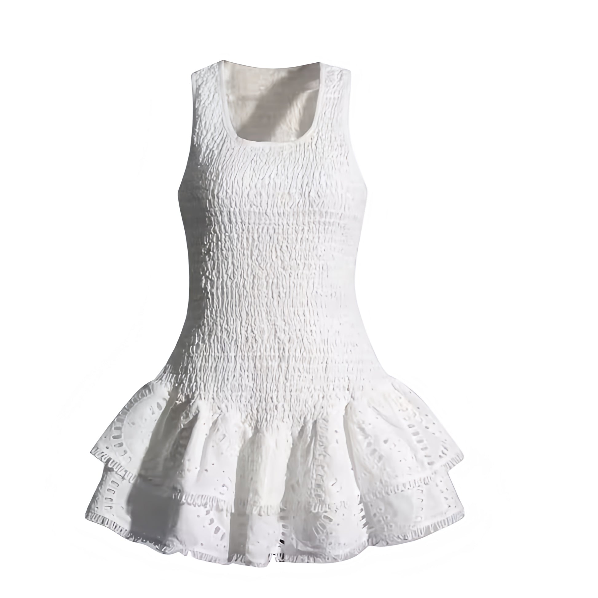 White eyelet embroidered layered ruffle smocked sleeveless mini dress with square neckline, scalloped crochet anglaise details, slim fit bodycon silhouette, tiered flared ruffle skirt, chic boho sundress for women and teens. Elegant and trendy Euro Summer vacation dress perfect for Ibiza style, beach club, brunch, party, sorority rush, prom, homecoming, graduation, wedding guest, or evening wear. Ships worldwide globally to USA, Australia, UK, Canada, Germany, France, Italy, Spain, Denmark, Europe