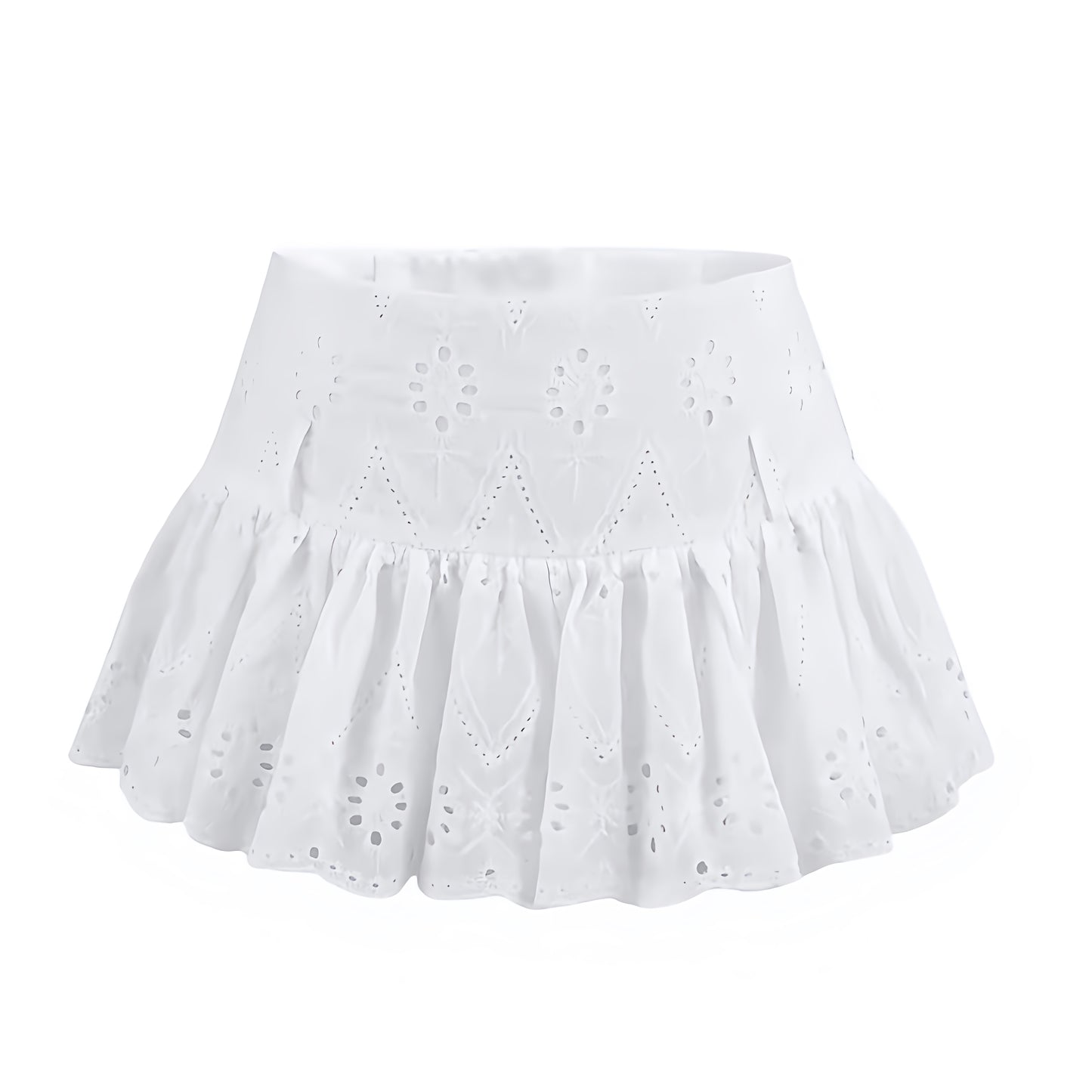 White eyelet embroidered ruffle trim low-rise mini skirt for women, teens, and ladies. Floral patterned slim fit A-line skirt with sheath, drop waist, layered ruffle trim, pleated, tiered, flared, peplum, and flowy tutu silhouette. Short mini skort style perfect for 2025 summer holidays, vacations, everyday casual looks, chic boho chic, Euro summer, Ibiza style, preppy Hamptons or Nantucket resort wear, coastal style, evening party, sorority rush, festival, concert, going out fashion. Ships worldwide.