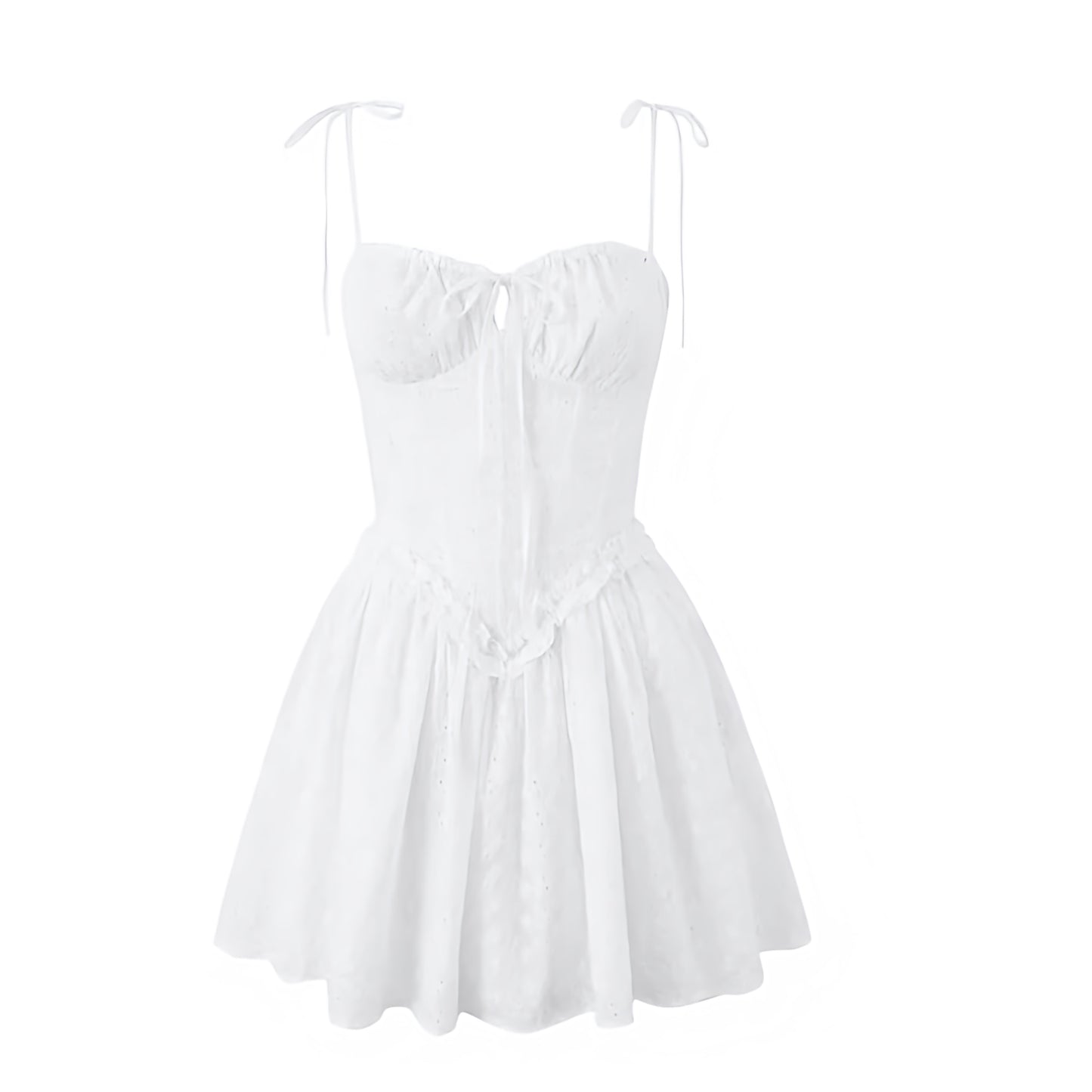 White eyelet floral embroidery milkmaid mini dress with slim fit corset bustier top, drop waist design, sweetheart neckline, ruffle trim details, sleeveless spaghetti straps, and backless flared pleated skirt. Feminine chic coquette summer sundress for women and teens. Perfect for vacation, brunch, beach, sorority rush, school, prom, hoco, homecoming, graduation, parties, night out, going out, Hamptons and Nantucket style. Ships worldwide to USA, UK, Canada, Australia, New Zealand, Germany, France, Ireland