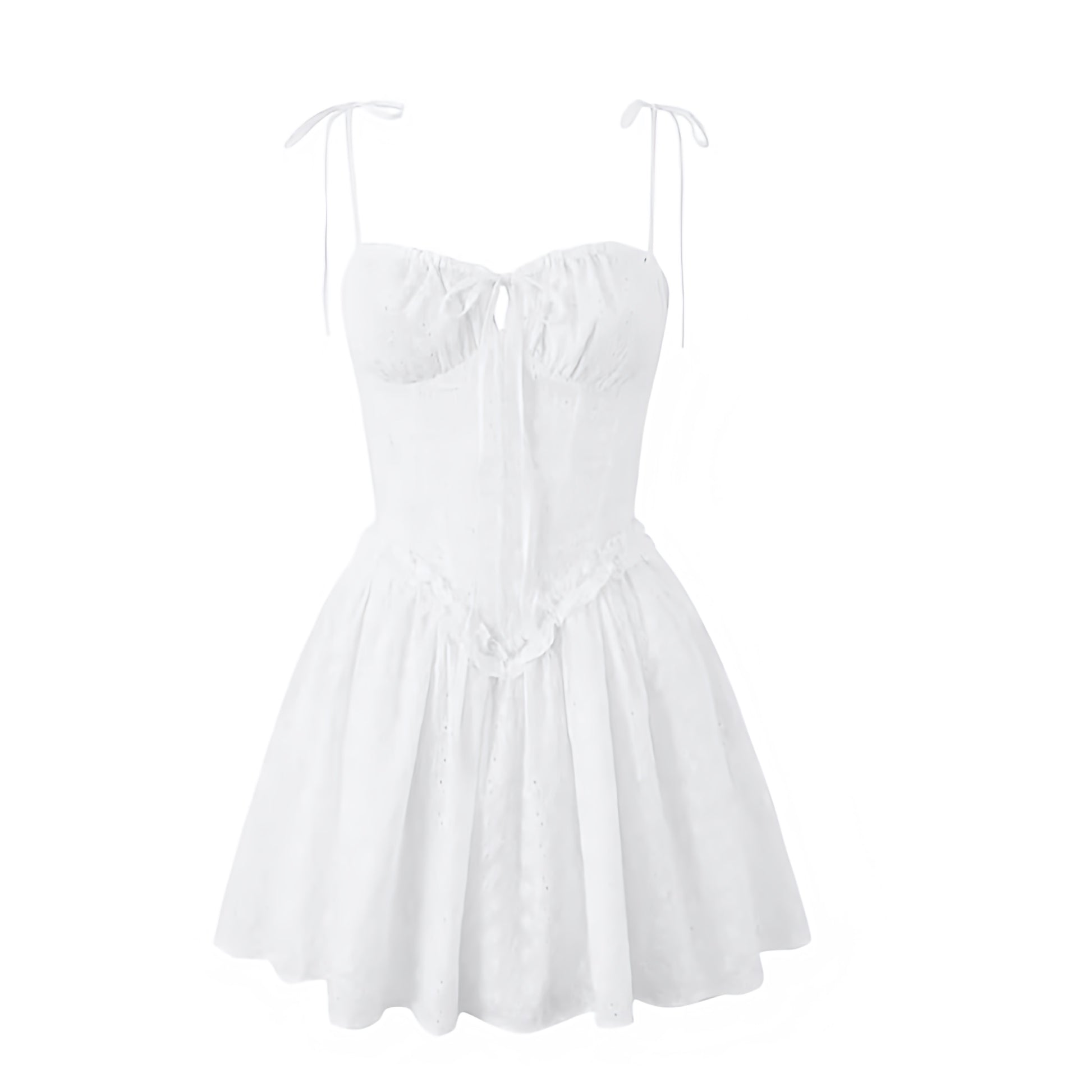 White eyelet floral embroidery milkmaid mini dress with slim fit corset bustier top, drop waist design, sweetheart neckline, ruffle trim details, sleeveless spaghetti straps, and backless flared pleated skirt. Feminine chic coquette summer sundress for women and teens. Perfect for vacation, brunch, beach, sorority rush, school, prom, hoco, homecoming, graduation, parties, night out, going out, Hamptons and Nantucket style. Ships worldwide to USA, UK, Canada, Australia, New Zealand, Germany, France, Ireland