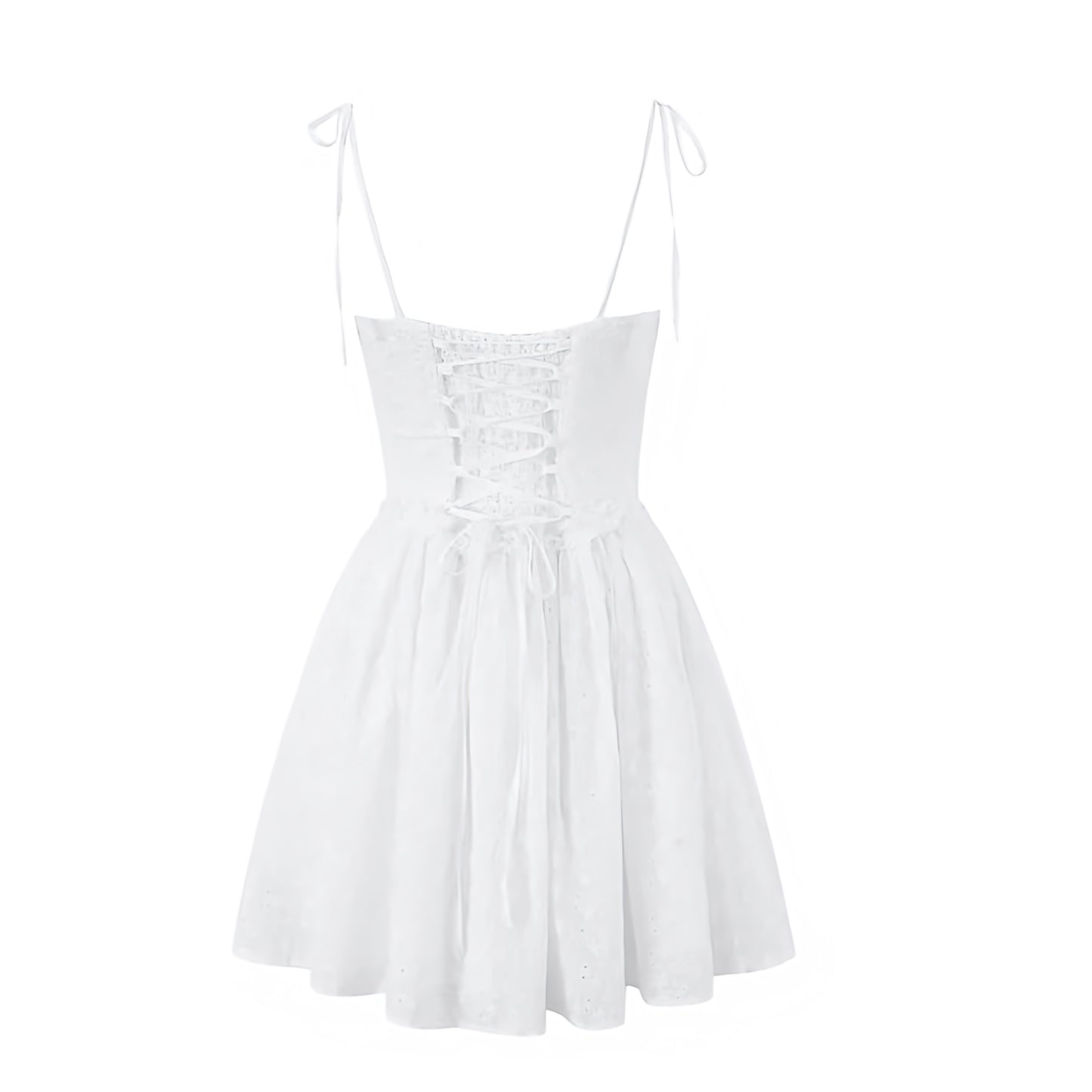 White eyelet floral embroidery milkmaid mini dress with slim fit corset bustier top, drop waist design, sweetheart neckline, ruffle trim details, sleeveless spaghetti straps, and backless flared pleated skirt. Feminine chic coquette summer sundress for women and teens. Perfect for vacation, brunch, beach, sorority rush, school, prom, hoco, homecoming, graduation, parties, night out, going out, Hamptons and Nantucket style. Ships worldwide to USA, UK, Canada, Australia, New Zealand, Germany, France, Ireland