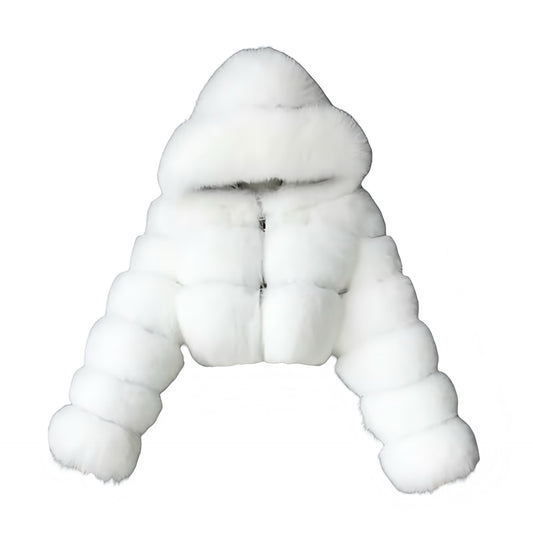 White faux fur ribbed cropped hooded zip-up jacket for women featuring plush mink-inspired faux fur, satin lined interior, metallic full zip closure, oversized relaxed fit and long sleeves. Soft, cozy, warm yet lightweight winter coat with split neck styling, perfect for Scandinavian Stockholm style, Y2K streetwear, apres ski outfits, snow trips, festivals, night out looks and everyday fashion. Ships worldwide.