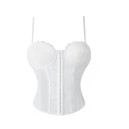 White bright white floral flower patterned lace lace trim translucent transparent mesh slim fit bodycon silhouette corset bustier underwire push up v neck sweetheart neckline spaghetti strap sleeveless lace up back cinched waist adjustable camisole crop tank top bra bralette intimate lingerie underwear under garments shapewear womens teens ladies spring summer fall autumn winter 2026 feminine fashion coquette y2k chic trendy vintage retro evening party night out going out sexy club wear ships worldwide