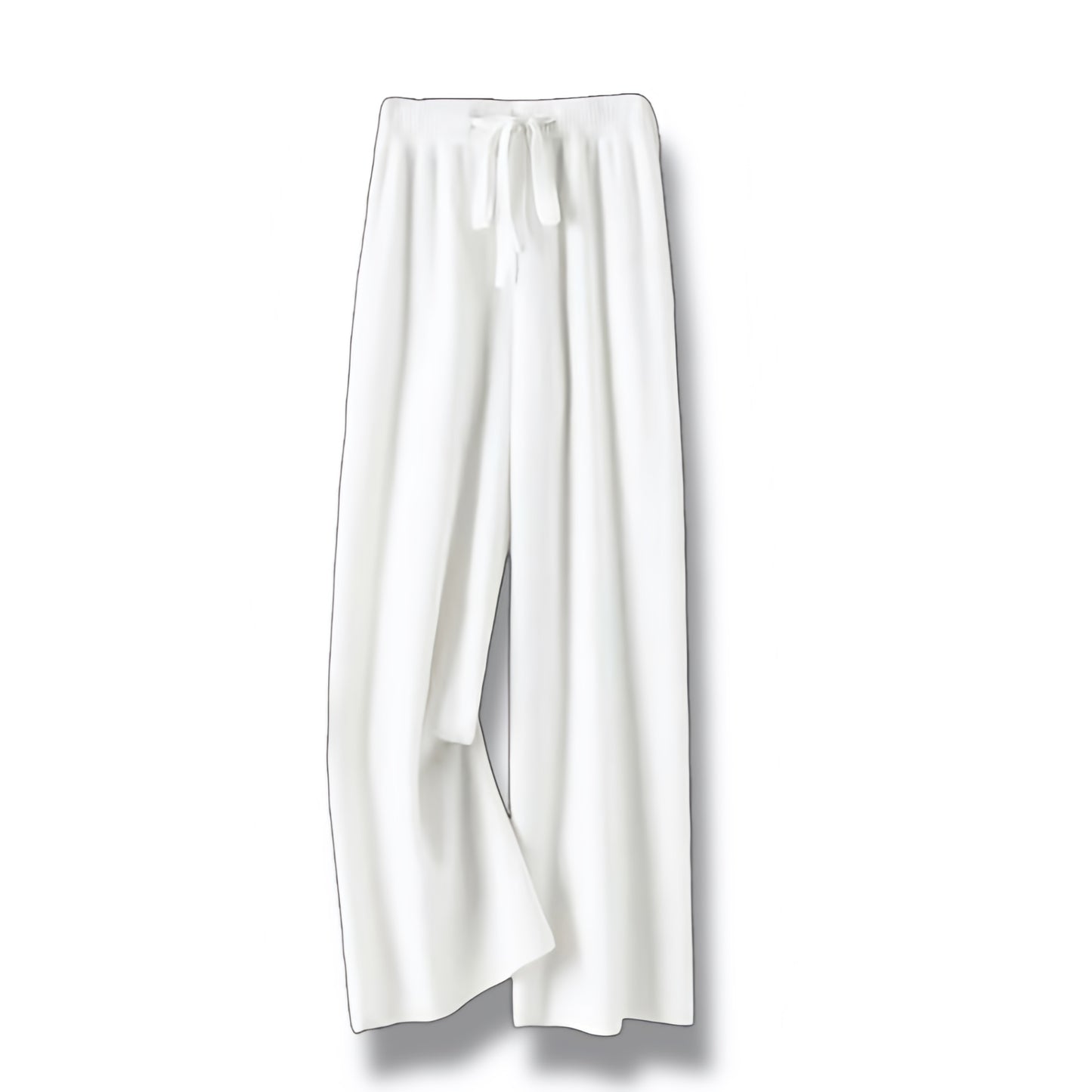 White knit wide leg mid-rise fleece pants in cream white and off white featuring soft cotton knit fleece lined fabric with cashmere woolen feel, thick warm yet lightweight insulated construction, relaxed straight leg silhouette, drawstring ribbed waistband, full length flattering fit with peachy bottom shape, luxury minimalist winter lounge pants for women with worldwide shipping