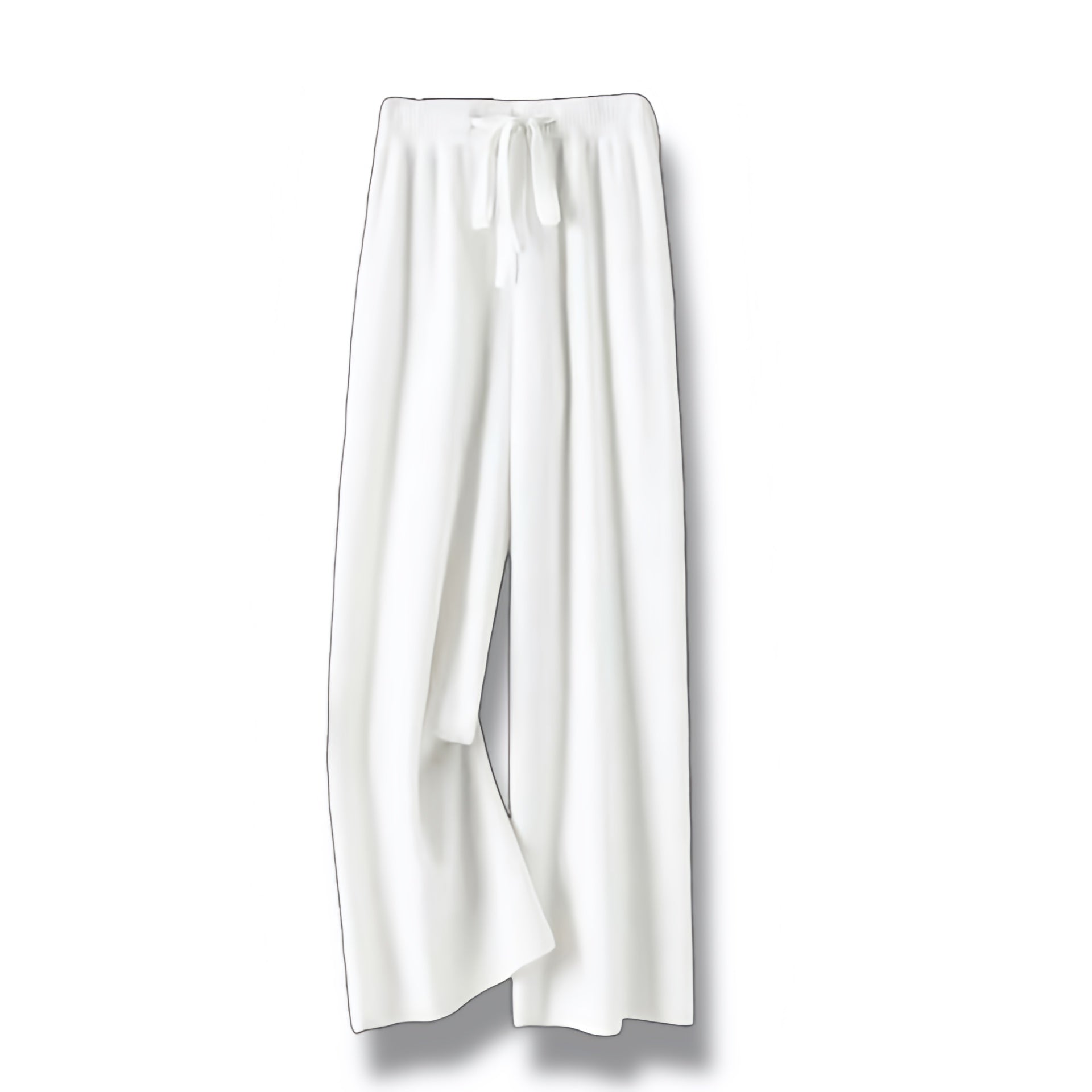 White knit wide leg mid-rise fleece pants in cream white and off white featuring soft cotton knit fleece lined fabric with cashmere woolen feel, thick warm yet lightweight insulated construction, relaxed straight leg silhouette, drawstring ribbed waistband, full length flattering fit with peachy bottom shape, luxury minimalist winter lounge pants for women with worldwide shipping