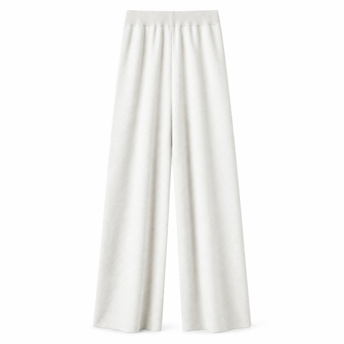 Cream white ivory off-white knit wide leg fleece pants for women with soft sweater-knit construction, ribbed fitted drawstring mid-rise waistband, relaxed baggy fit and full-length draped wide legs. Warm cozy elevated loungewear and knit trousers for fall winter 2026, winter white, clean girl, minimalist, quiet luxury, old money, Scandi, Stockholm, Copenhagen, Parisian, preppy, casual chic, airport, travel, college and everyday outfits.

