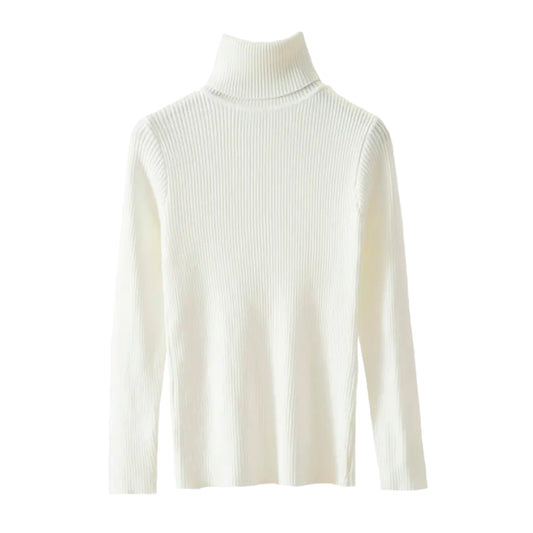 White Knitted Ribbed Slim Fit Long Sleeve Turtleneck Sweater Top for women and teens. Soft, lightweight, and cozy ribbed knitwear with a tight-fitting silhouette and high neckline. Elegant, trendy, and feminine long-sleeve turtleneck top perfect for fall, winter, and everyday wear. Scandinavian, soft girl, clean girl, and preppy aesthetic knitwear. Ships globally and worldwide to the US, UK, Canada, Australia, Europe, Asia, and more.