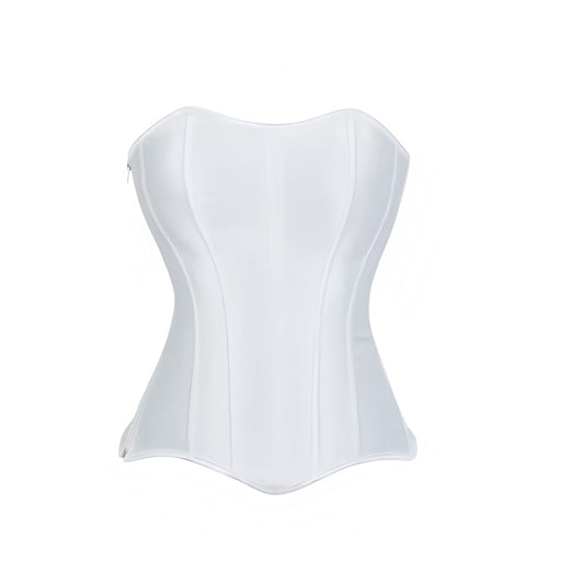 White lace-up strapless bustier corset top with sweetheart neckline, slim fit bodycon framed silhouette, wired push-up design, and zipper back detail. Sexy tube crop bustier top for women, teens, and ladies. Perfect for chic trendy evening looks, parties, night out, going out, club wear, rave, festival, concert, vintage retro Y2K coquette fashion, it girl baddie style, and Halloween adults angel costume or halloweekend 2025 outfits. Ships globally worldwide to US, Australia, New Zealand, UK, Canada, Europe.