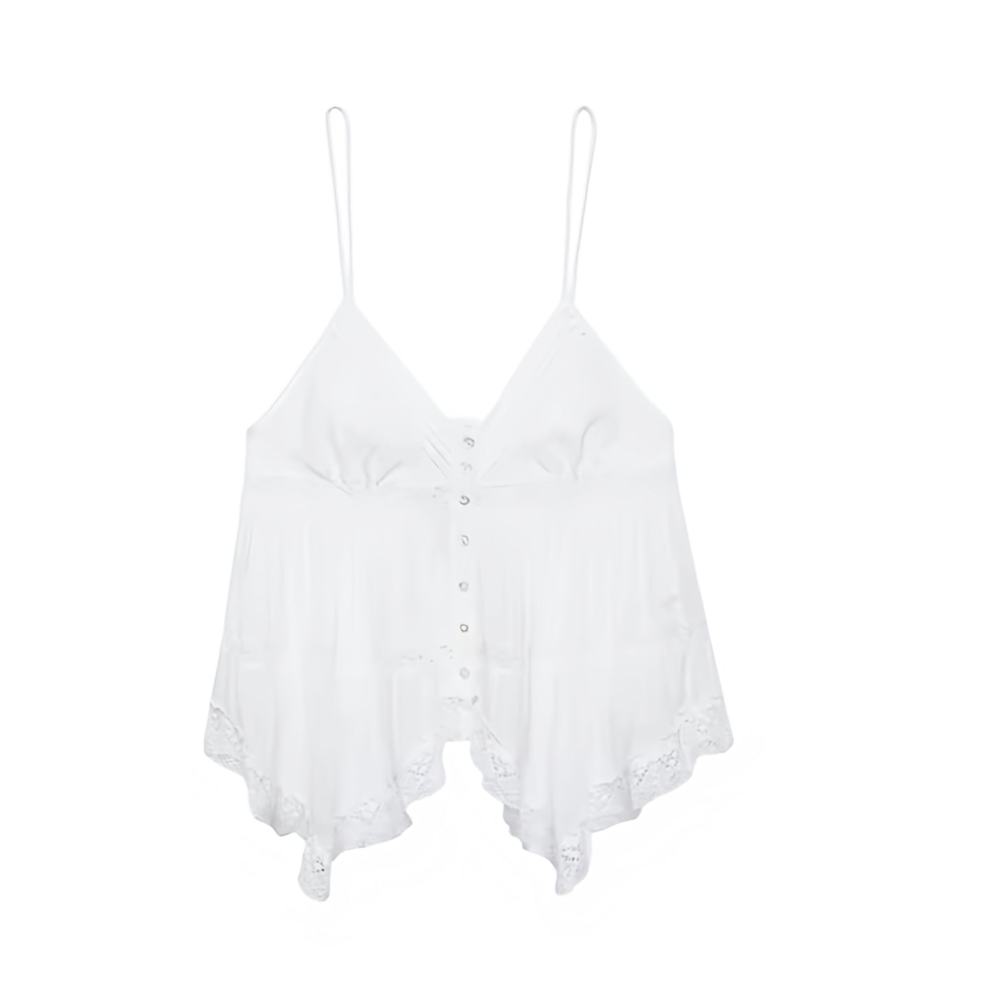 White floral lace trim v-neck split neck button down camisole tank top with satin silk flowy sheath ruffle trim plisse pleated tiered flared peplum ruched design. Slim fit skinny fit sleeveless spaghetti strap backless crop blouse for women, teens, and ladies. Chic trendy casual elegant sexy summer top for beach vacation, euro summer, Ibiza fashion, rave outfit, festival outfit, concert outfit, disco party, club wear, night out, boho chic style, coquette aesthetic, y2k fashion, mermaidcore, fairycore, gypsy