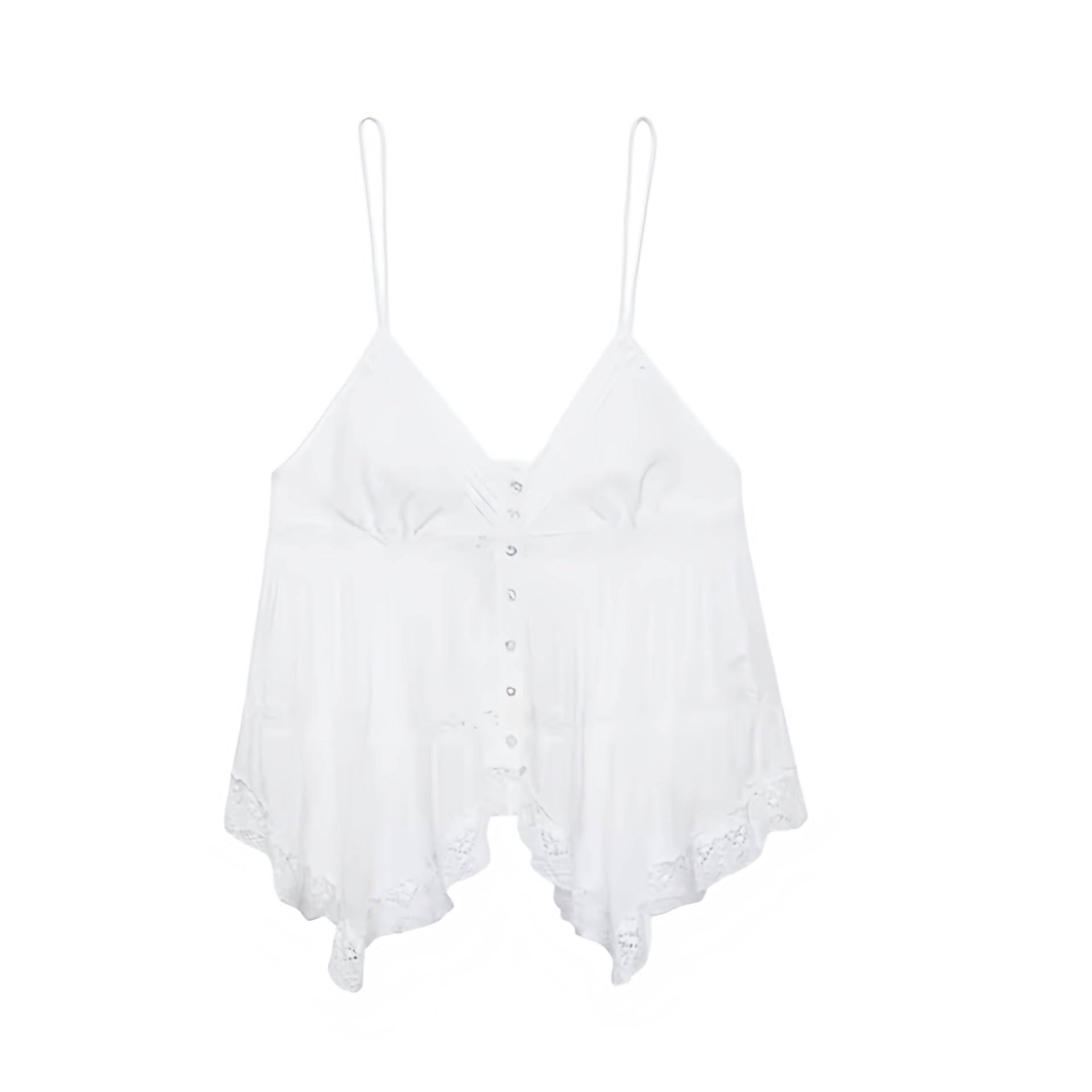 White floral lace trim v-neck split neck button down camisole tank top with satin silk flowy sheath ruffle trim plisse pleated tiered flared peplum ruched design. Slim fit skinny fit sleeveless spaghetti strap backless crop blouse for women, teens, and ladies. Chic trendy casual elegant sexy summer top for beach vacation, euro summer, Ibiza fashion, rave outfit, festival outfit, concert outfit, disco party, club wear, night out, boho chic style, coquette aesthetic, y2k fashion, mermaidcore, fairycore, gypsy