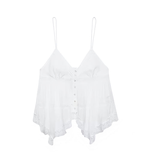 White floral lace trim v-neck split neck button down camisole tank top with satin silk flowy sheath ruffle trim plisse pleated tiered flared peplum ruched design. Slim fit skinny fit sleeveless spaghetti strap backless crop blouse for women, teens, and ladies. Chic trendy casual elegant sexy summer top for beach vacation, euro summer, Ibiza fashion, rave outfit, festival outfit, concert outfit, disco party, club wear, night out, boho chic style, coquette aesthetic, y2k fashion, mermaidcore, fairycore, gypsy