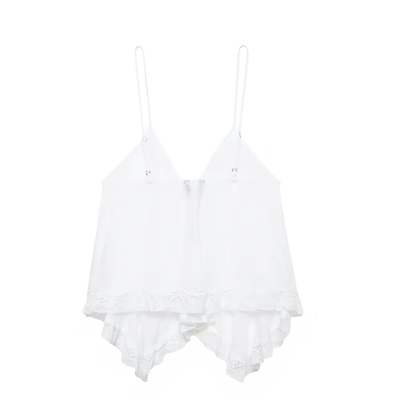 White floral lace trim v-neck split neck button down camisole tank top with satin silk flowy sheath ruffle trim plisse pleated tiered flared peplum ruched design. Slim fit skinny fit sleeveless spaghetti strap backless crop blouse for women, teens, and ladies. Chic trendy casual elegant sexy summer top for beach vacation, euro summer, Ibiza fashion, rave outfit, festival outfit, concert outfit, disco party, club wear, night out, boho chic style, coquette aesthetic, y2k fashion, mermaidcore, fairycore, gypsy