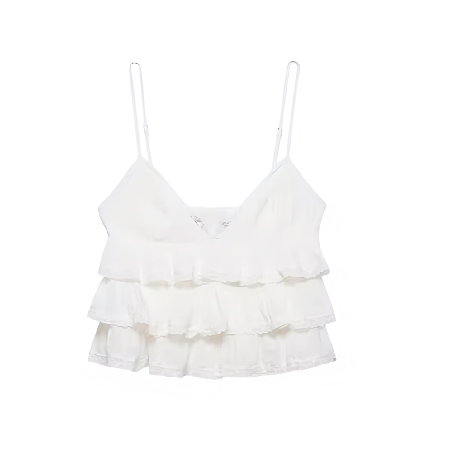 White lace trim layered ruffle ruffle trim ruffled v-neck sleeveless spaghetti strap backless crop tank top camisole blouse with plisse pleated tiered flared design. Slim fit skinny fit silhouette for women, teens, and ladies. Chic trendy casual elegant sexy summer top for beach vacation, euro summer, Ibiza fashion, rave outfit, festival outfit, concert outfit, disco party, club wear, night out, going out, boho chic style, bohemian gypsy fashion, coquette aesthetic, y2k fashion, mermaidcore, tropicalcore.