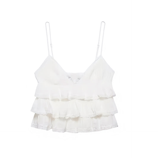 White lace trim layered ruffle ruffle trim ruffled v-neck sleeveless spaghetti strap backless crop tank top camisole blouse with plisse pleated tiered flared design. Slim fit skinny fit silhouette for women, teens, and ladies. Chic trendy casual elegant sexy summer top for beach vacation, euro summer, Ibiza fashion, rave outfit, festival outfit, concert outfit, disco party, club wear, night out, going out, boho chic style, bohemian gypsy fashion, coquette aesthetic, y2k fashion, mermaidcore, tropicalcore.