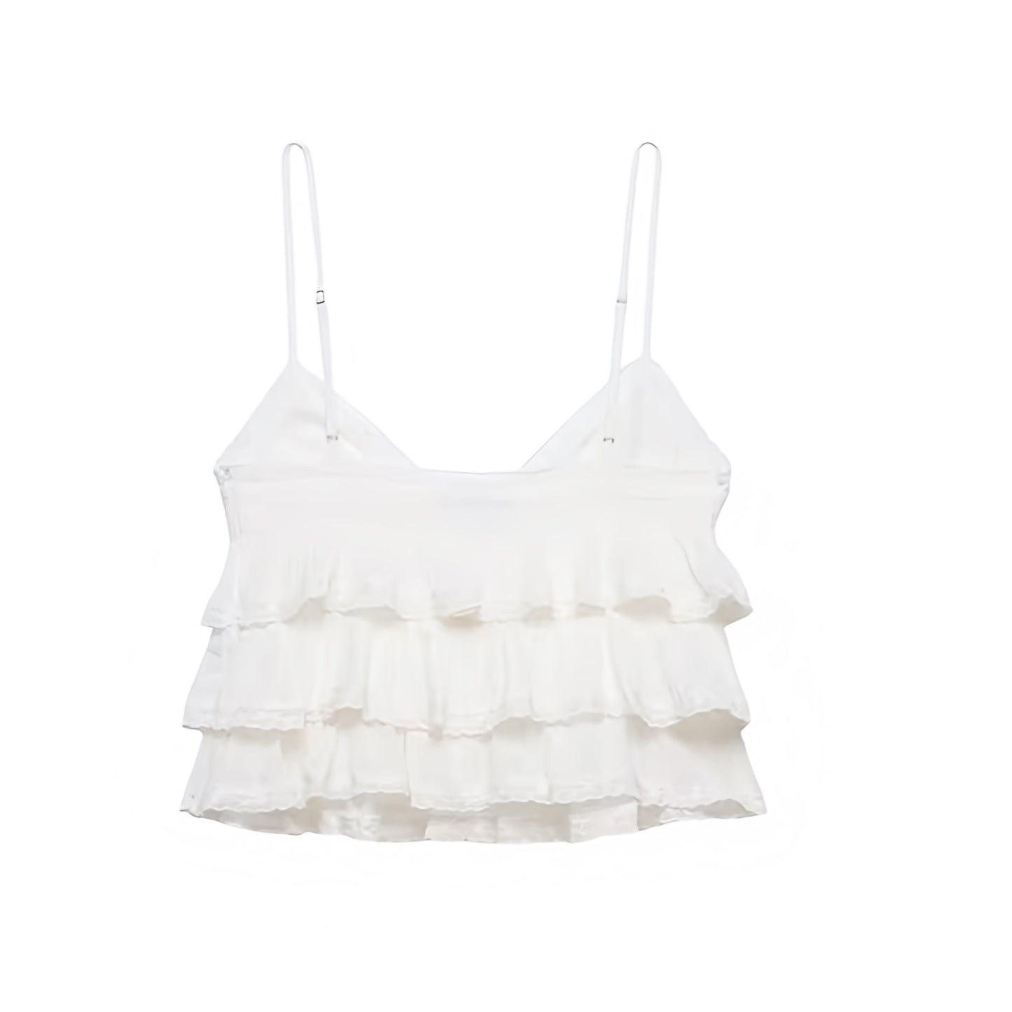 White lace trim layered ruffle ruffle trim ruffled v-neck sleeveless spaghetti strap backless crop tank top camisole blouse with plisse pleated tiered flared design. Slim fit skinny fit silhouette for women, teens, and ladies. Chic trendy casual elegant sexy summer top for beach vacation, euro summer, Ibiza fashion, rave outfit, festival outfit, concert outfit, disco party, club wear, night out, going out, boho chic style, bohemian gypsy fashion, coquette aesthetic, y2k fashion, mermaidcore, tropicalcore.