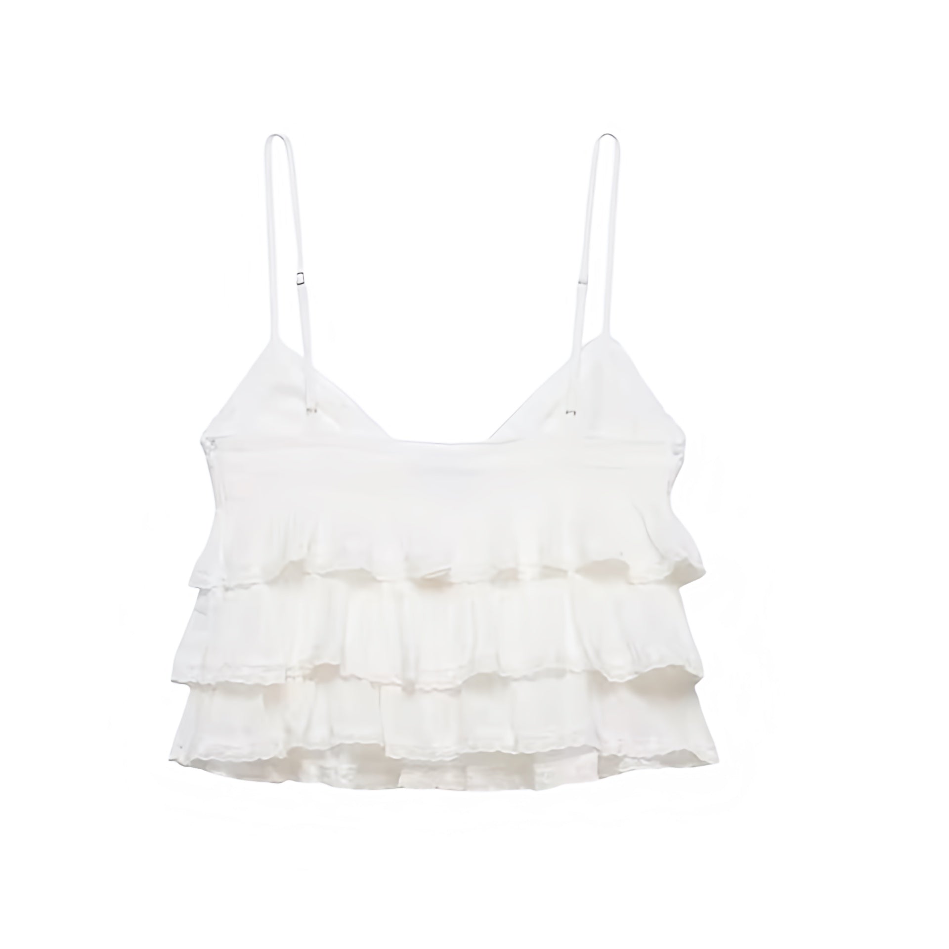 White lace trim layered ruffle ruffle trim ruffled v-neck sleeveless spaghetti strap backless crop tank top camisole blouse with plisse pleated tiered flared design. Slim fit skinny fit silhouette for women, teens, and ladies. Chic trendy casual elegant sexy summer top for beach vacation, euro summer, Ibiza fashion, rave outfit, festival outfit, concert outfit, disco party, club wear, night out, going out, boho chic style, bohemian gypsy fashion, coquette aesthetic, y2k fashion, mermaidcore, tropicalcore.