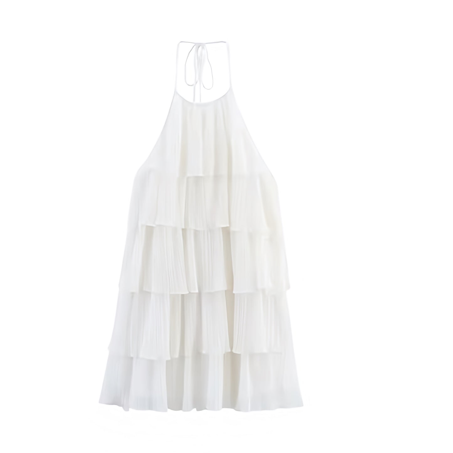 White layered ruffle trim sleeveless tiered backless halter mini dress with slim fit silhouette, plisse pleated flared A-line shape, and elegant layered ruffles. Short sundress for women, teens, and ladies, ideal for summer and fall 2025 holidays, vacations, casual everyday wear, brunch, evening, graduation, homecoming, hoco, school dances, parties, concerts, festivals, boho chic, euro summer, western cowgirl style, and preppy Stockholm style. Ships globally worldwide to US, Australia, New Zealand, UK, CA.