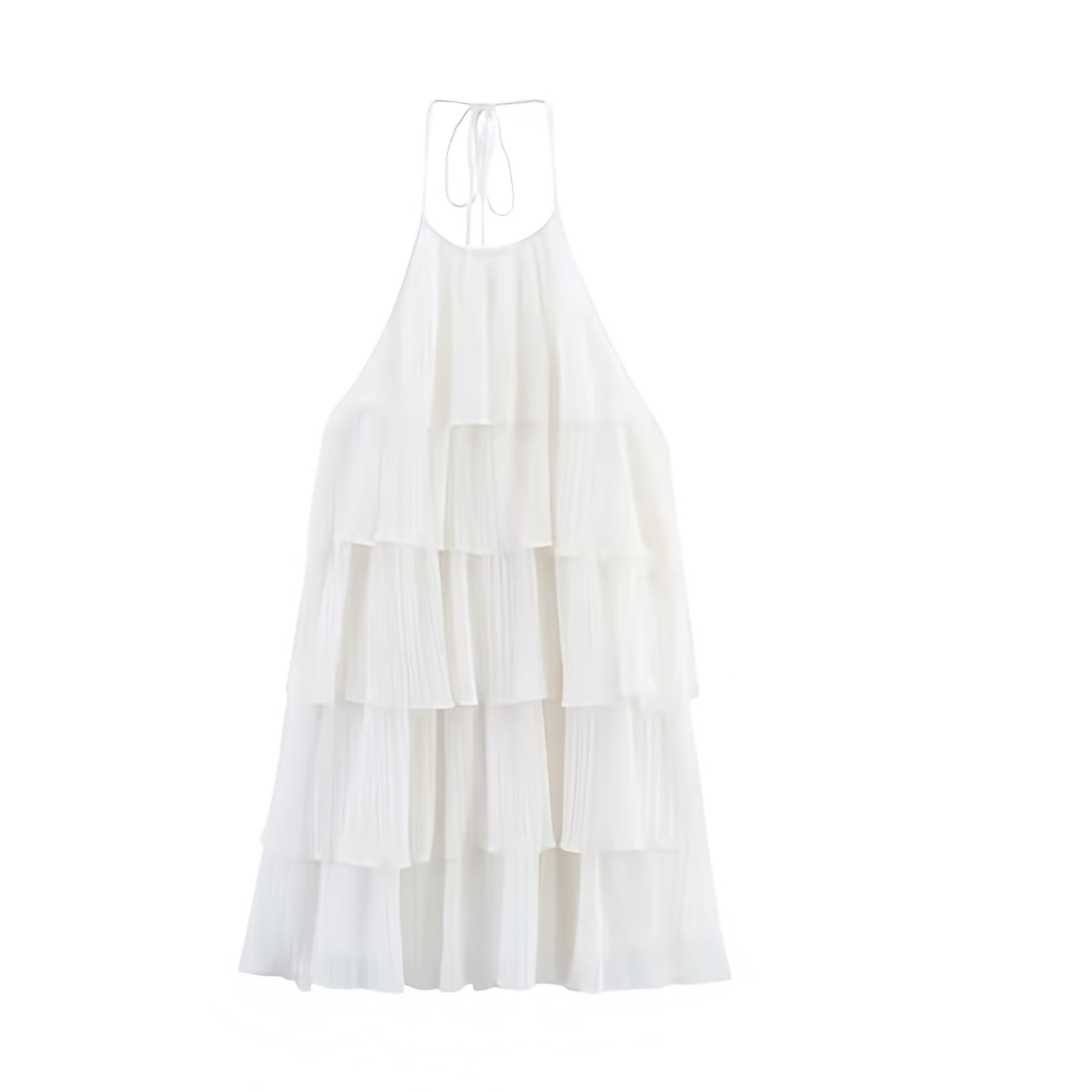 White layered ruffle trim sleeveless tiered backless halter mini dress with slim fit silhouette, plisse pleated flared A-line shape, and elegant layered ruffles. Short sundress for women, teens, and ladies, ideal for summer and fall 2025 holidays, vacations, casual everyday wear, brunch, evening, graduation, homecoming, hoco, school dances, parties, concerts, festivals, boho chic, euro summer, western cowgirl style, and preppy Stockholm style. Ships globally worldwide to US, Australia, New Zealand, UK, CA.