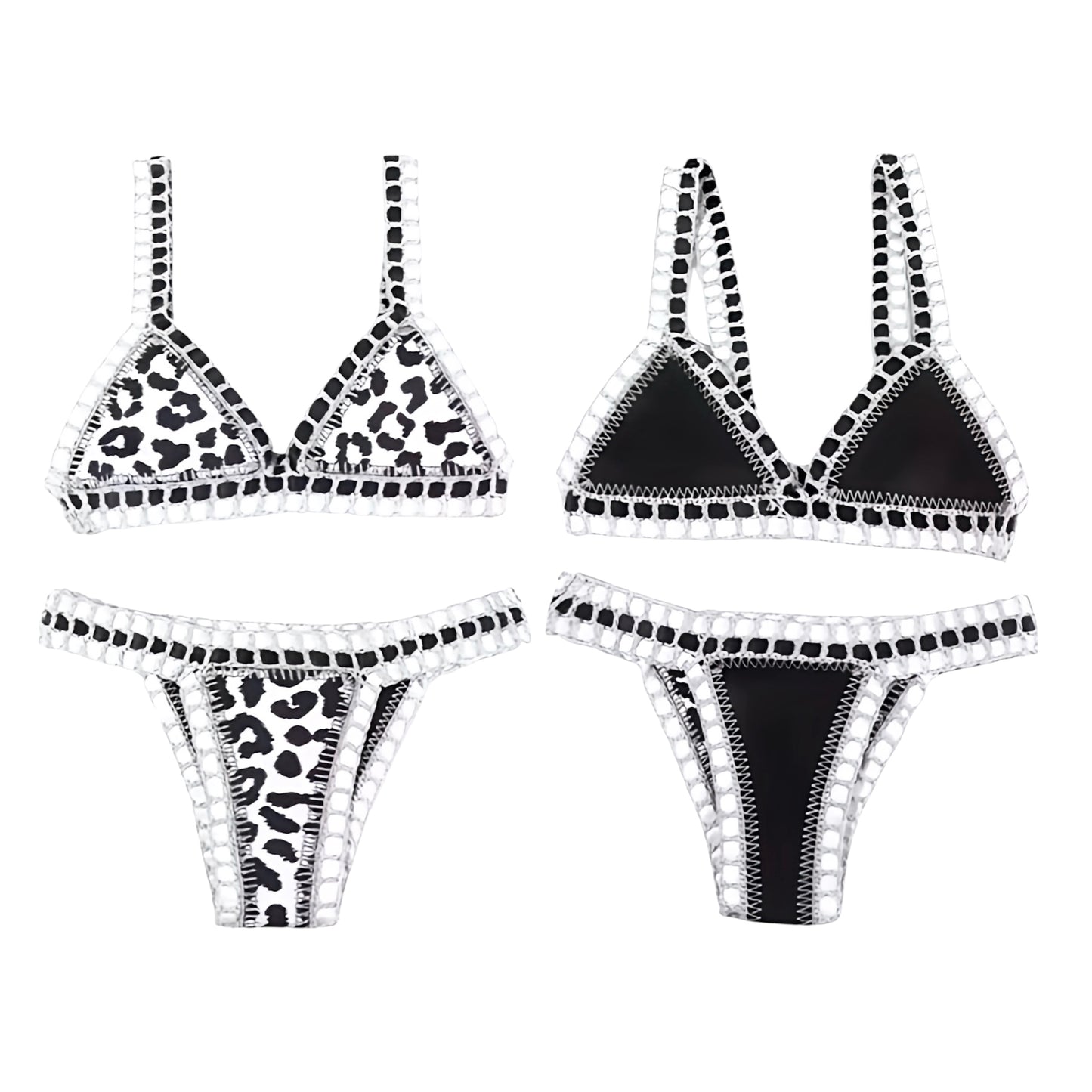 White leopard print cheetah print animal print striped white black multicolor crochet knitted knitwear reversible bikini set 2 piece triangle string swimwear. Slim fit skinny fit wireless wire free push up v neck sleeveless spaghetti strap backless thong string design. Chic luxury beach vacation bikini for womens teens ladies perfect euro summer Ibiza style boho chic bohemian fashion retro vintage Y2K style tropical vacation resort wear beach girl aesthetic summer swimwear fashion.
