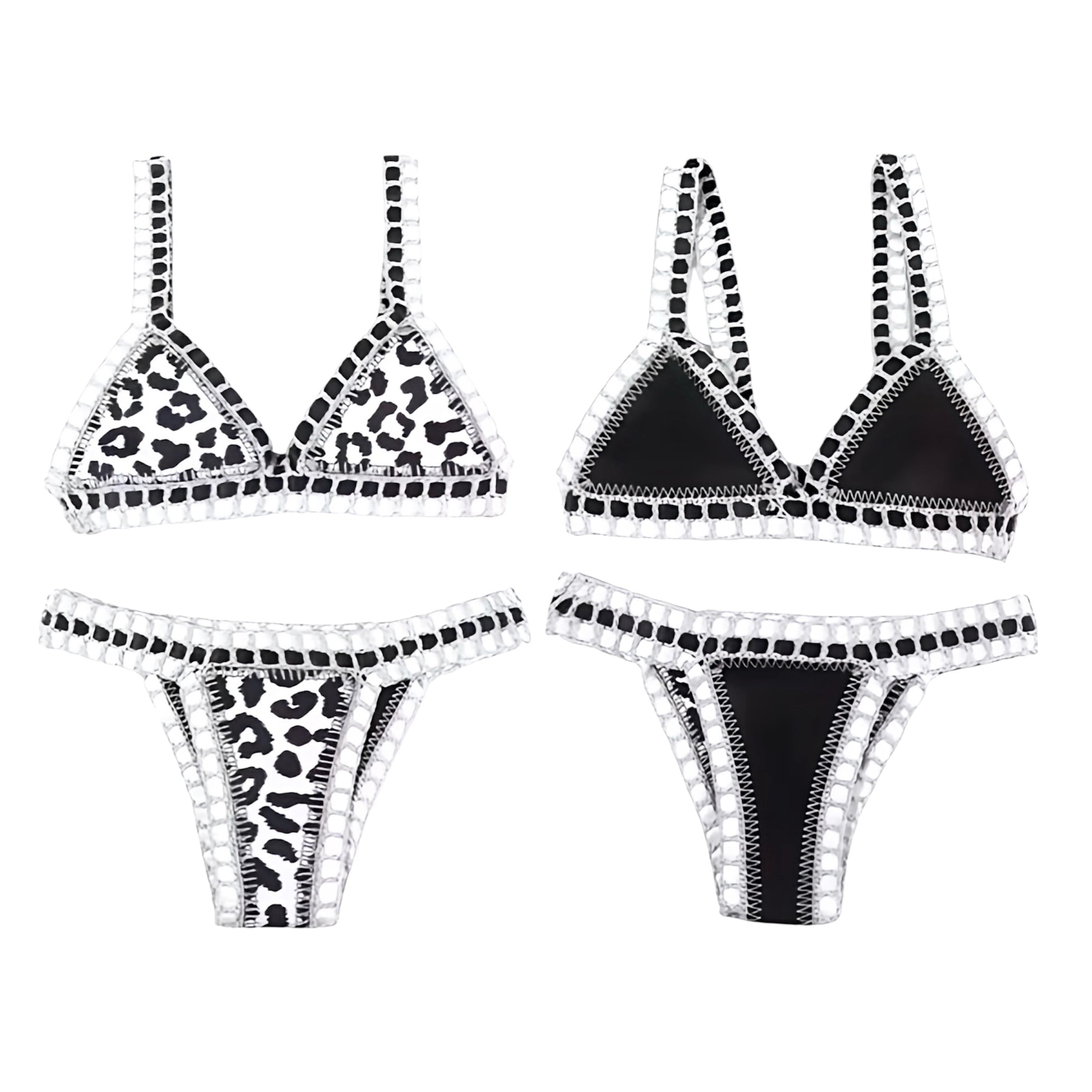 White leopard print cheetah print animal print striped white black multicolor crochet knitted knitwear reversible bikini set 2 piece triangle string swimwear. Slim fit skinny fit wireless wire free push up v neck sleeveless spaghetti strap backless thong string design. Chic luxury beach vacation bikini for womens teens ladies perfect euro summer Ibiza style boho chic bohemian fashion retro vintage Y2K style tropical vacation resort wear beach girl aesthetic summer swimwear fashion.
