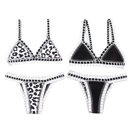 White leopard print cheetah print animal print striped white black multicolor crochet knitted knitwear reversible bikini set 2 piece triangle string swimwear. Slim fit skinny fit wireless wire free push up v neck sleeveless spaghetti strap backless thong string design. Chic luxury beach vacation bikini for womens teens ladies perfect euro summer Ibiza style boho chic bohemian fashion retro vintage Y2K style tropical vacation resort wear beach girl aesthetic summer swimwear fashion.
