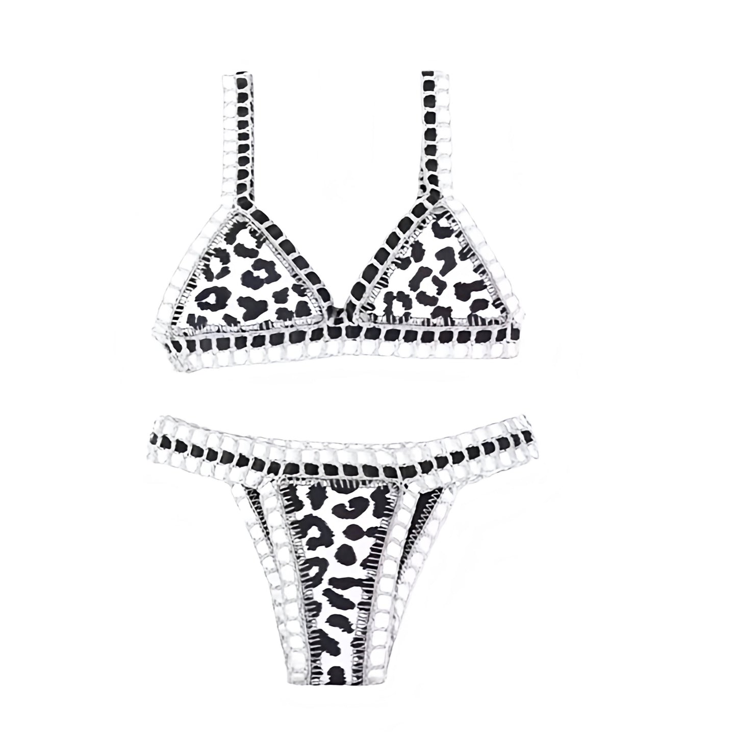 White leopard print cheetah print animal print striped white black multicolor crochet knitted knitwear reversible bikini set 2 piece triangle string swimwear. Slim fit skinny fit wireless wire free push up v neck sleeveless spaghetti strap backless thong string design. Chic luxury beach vacation bikini for womens teens ladies perfect euro summer Ibiza style boho chic bohemian fashion retro vintage Y2K style tropical vacation resort wear beach girl aesthetic summer swimwear fashion.