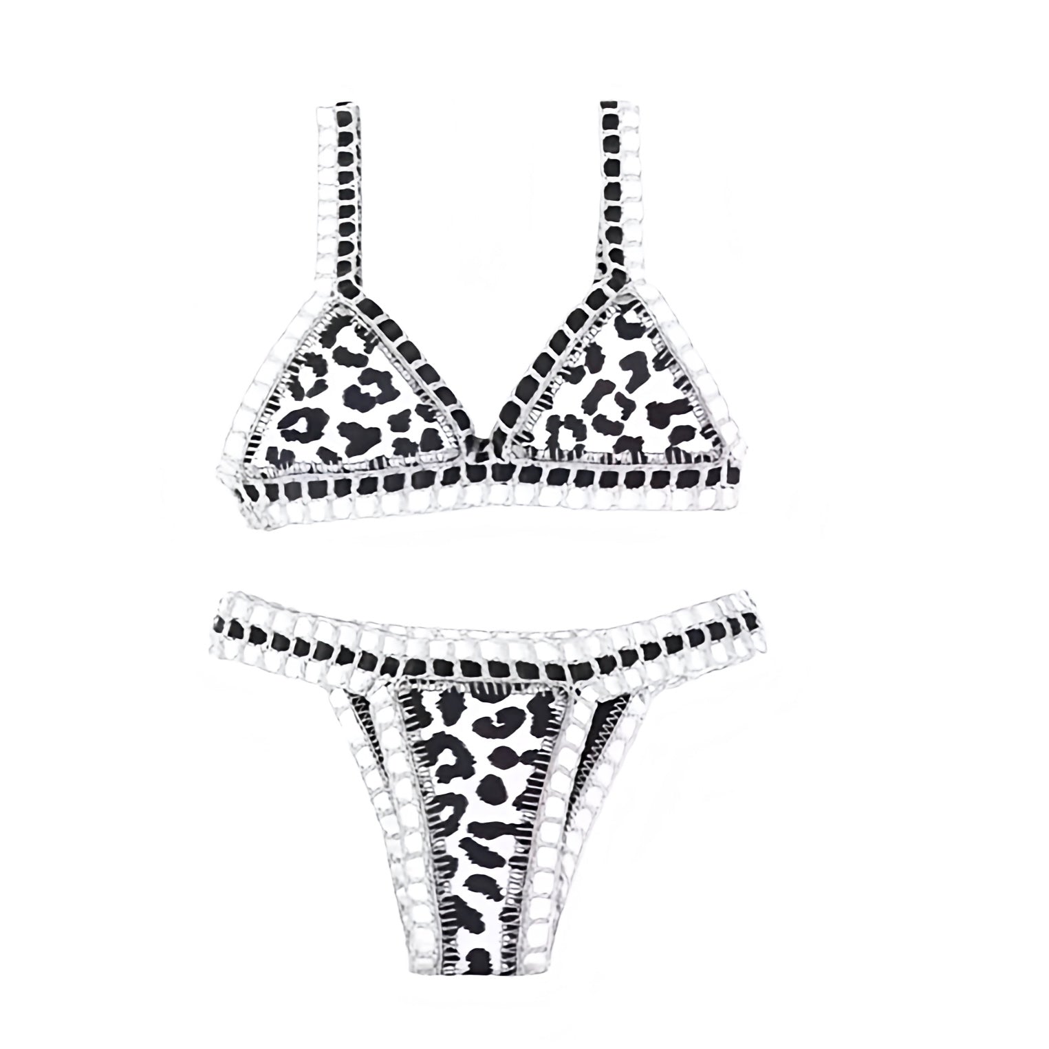 White leopard print cheetah print animal print striped white black multicolor crochet knitted knitwear reversible bikini set 2 piece triangle string swimwear. Slim fit skinny fit wireless wire free push up v neck sleeveless spaghetti strap backless thong string design. Chic luxury beach vacation bikini for womens teens ladies perfect euro summer Ibiza style boho chic bohemian fashion retro vintage Y2K style tropical vacation resort wear beach girl aesthetic summer swimwear fashion.
