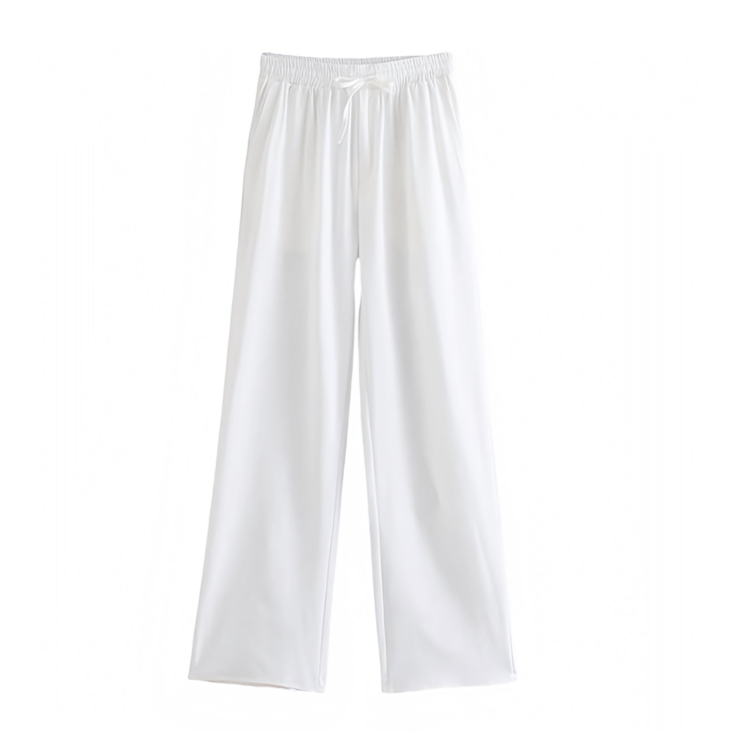 White linen low-rise straight leg drawstring pants for women featuring breathable woven fabric, soft relaxed fit, and minimalist silhouette. Perfect for summer beach outfits, coastal granddaughter style, resort wear, or casual everyday looks. Lightweight, comfy, and elegant with side pockets and adjustable waistband. Ships worldwide to the US, UK, Canada, Australia, Europe, and Asia.