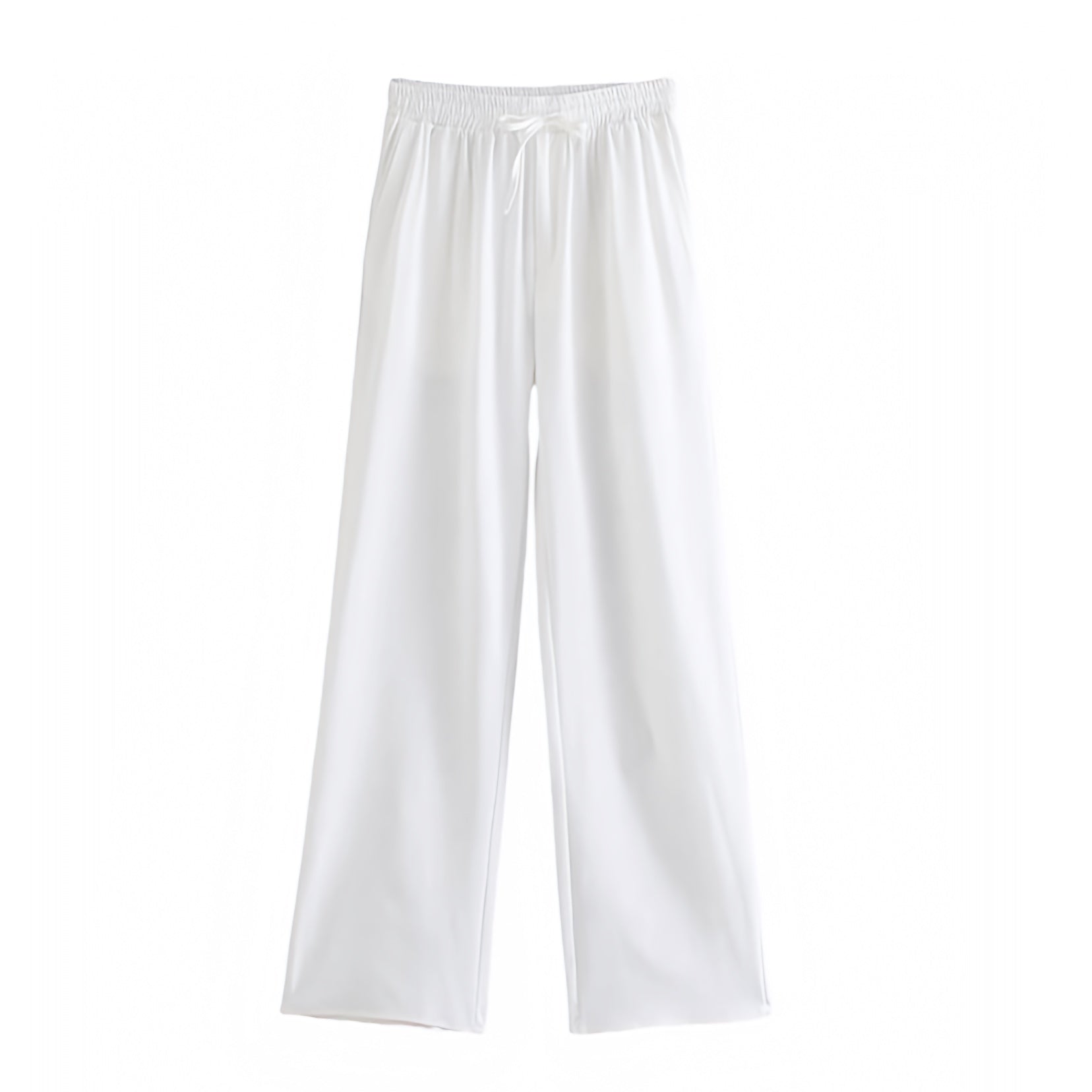 White linen low-rise straight leg drawstring pants for women featuring breathable woven fabric, soft relaxed fit, and minimalist silhouette. Perfect for summer beach outfits, coastal granddaughter style, resort wear, or casual everyday looks. Lightweight, comfy, and elegant with side pockets and adjustable waistband. Ships worldwide to the US, UK, Canada, Australia, Europe, and Asia.