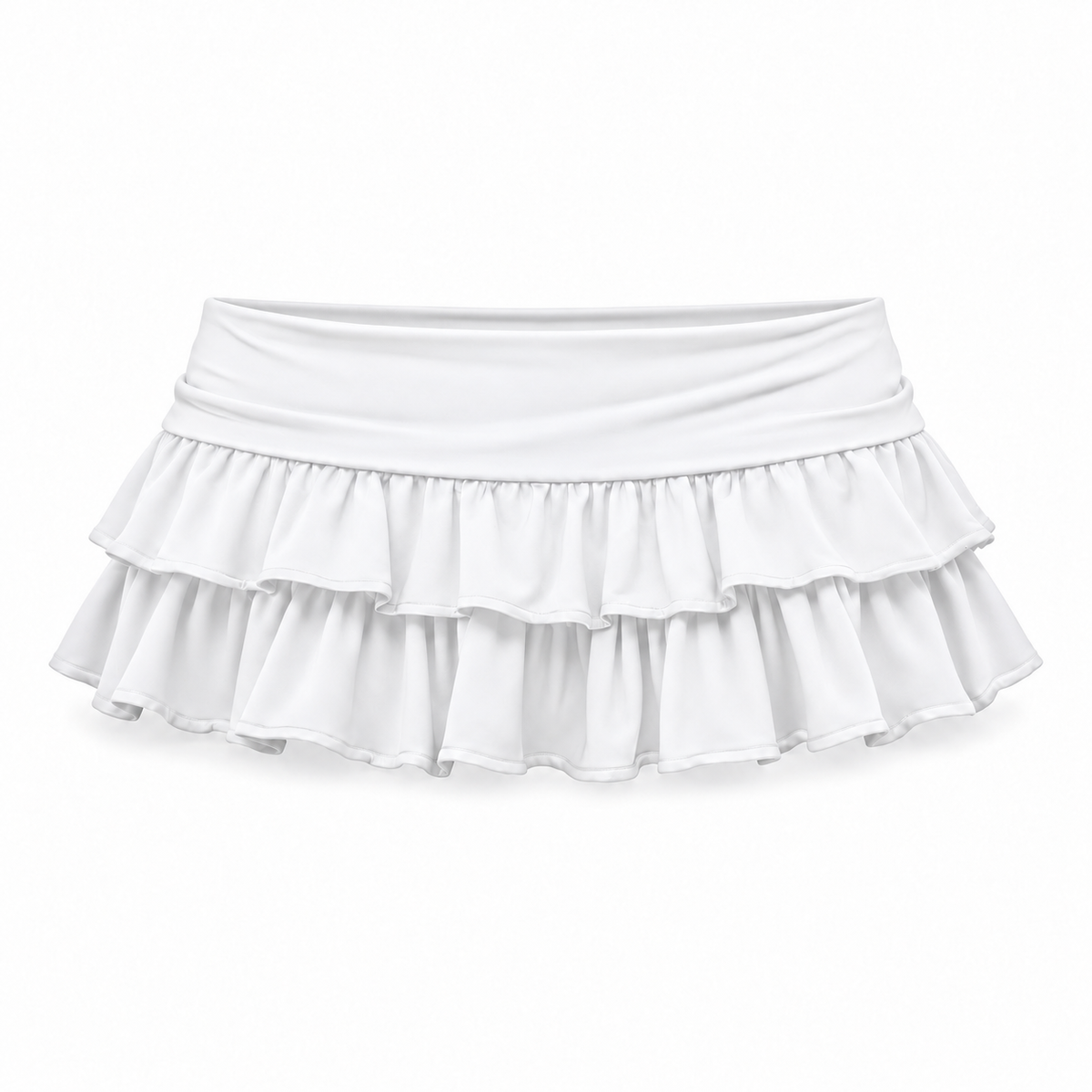 White low-rise layered ruffle micro mini skirt for women with wide foldover waistband, double-tier gathered ruffles, cascading flounce hem and flowy flared A-line silhouette. Ultra short white Y2K skirt for 2000s fashion, coquette, dollette, balletcore, fairycore, gypsycore, boho chic, Scandi, Stockholm, Ibiza, rave, festival, clubwear, party, beach club, Euro summer, vacation and baddie outfits 2026.