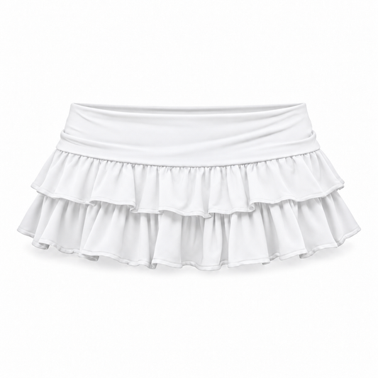 White low-rise layered ruffle micro mini skirt for women with wide foldover waistband, double-tier gathered ruffles, cascading flounce hem and flowy flared A-line silhouette. Ultra short white Y2K skirt for 2000s fashion, coquette, dollette, balletcore, fairycore, gypsycore, boho chic, Scandi, Stockholm, Ibiza, rave, festival, clubwear, party, beach club, Euro summer, vacation and baddie outfits 2026.