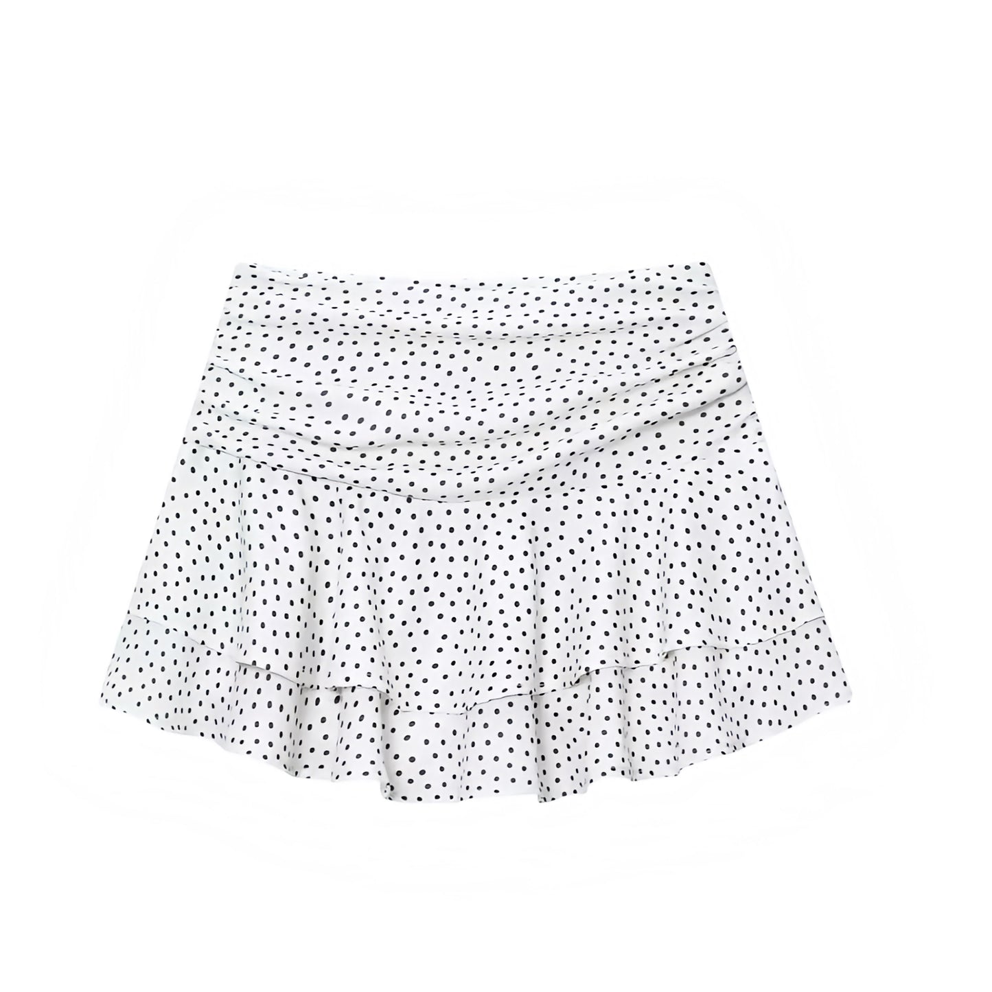 White polka dot print ruffled tiered mini skirt with layered ruffle trim and flowy flared silhouette. Low rise low waisted drop waist mini skirt short skirt for womens teens ladies. Y2K style 2016 fashion tumblr style casual chic minimalist everyday skirt for party outfits night out outfit clubwear streetwear fashion baddie outfits retro vintage coastal style preppy hamptons nantucket clean girl vanilla girl aesthetic scandi style.

