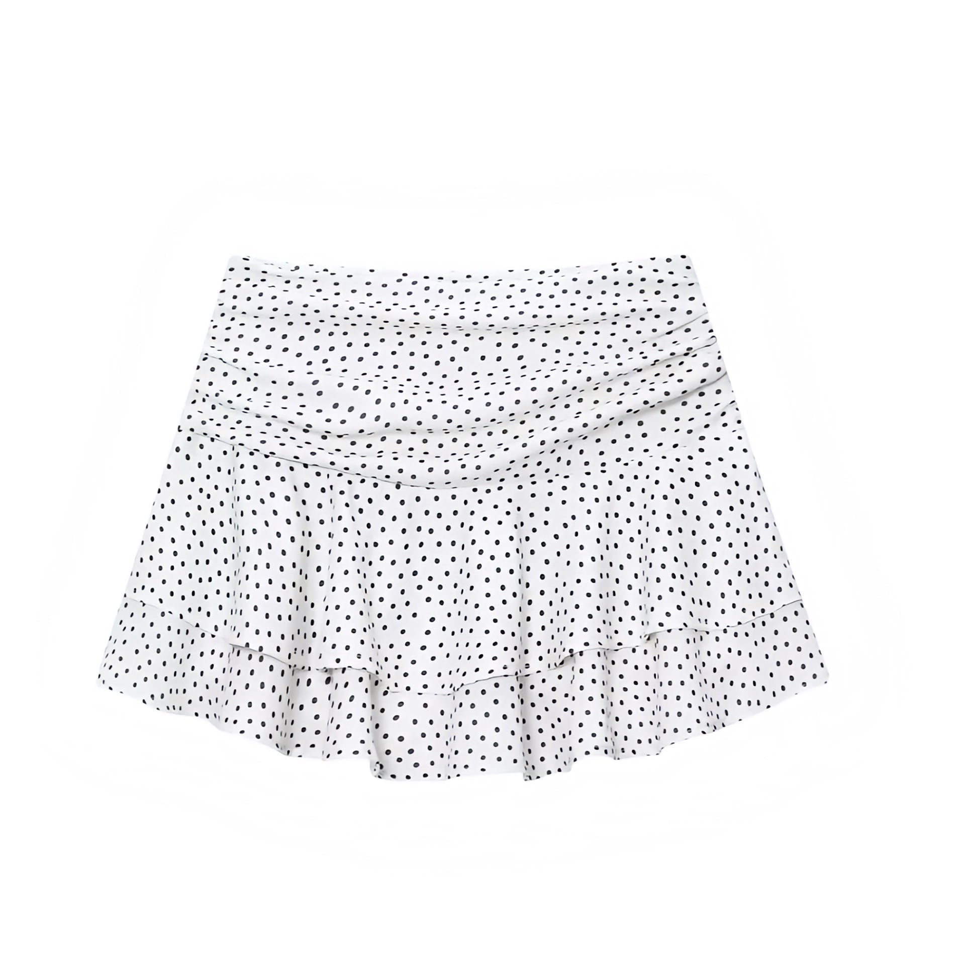 White polka dot print ruffled tiered mini skirt with layered ruffle trim and flowy flared silhouette. Low rise low waisted drop waist mini skirt short skirt for womens teens ladies. Y2K style 2016 fashion tumblr style casual chic minimalist everyday skirt for party outfits night out outfit clubwear streetwear fashion baddie outfits retro vintage coastal style preppy hamptons nantucket clean girl vanilla girl aesthetic scandi style.

