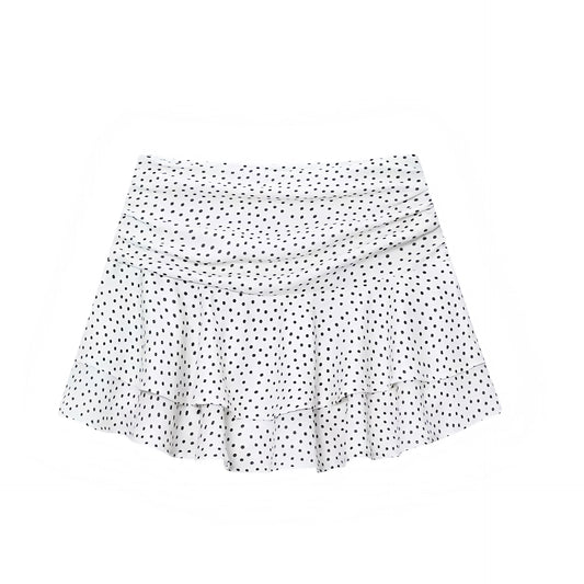 White polka dot print ruffled tiered mini skirt with layered ruffle trim and flowy flared silhouette. Low rise low waisted drop waist mini skirt short skirt for womens teens ladies. Y2K style 2016 fashion tumblr style casual chic minimalist everyday skirt for party outfits night out outfit clubwear streetwear fashion baddie outfits retro vintage coastal style preppy hamptons nantucket clean girl vanilla girl aesthetic scandi style.

